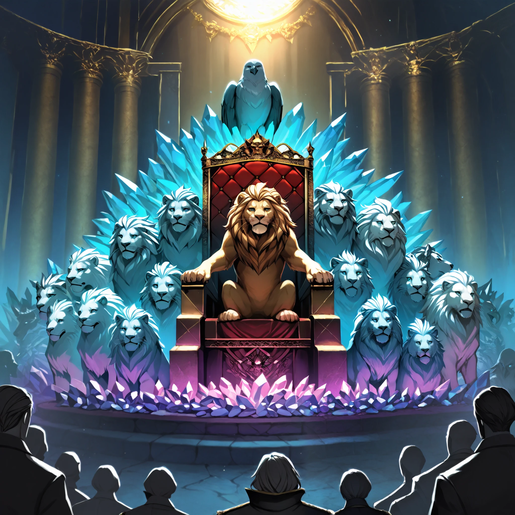 A sea of crystal, in the middle, a throne, surrounded by four creatures, one that looks like a lion, the oufra with a calf, the other with a human and the other with an eagle. E ao redor de a throne, twenty-four more thrones inhabited by elders