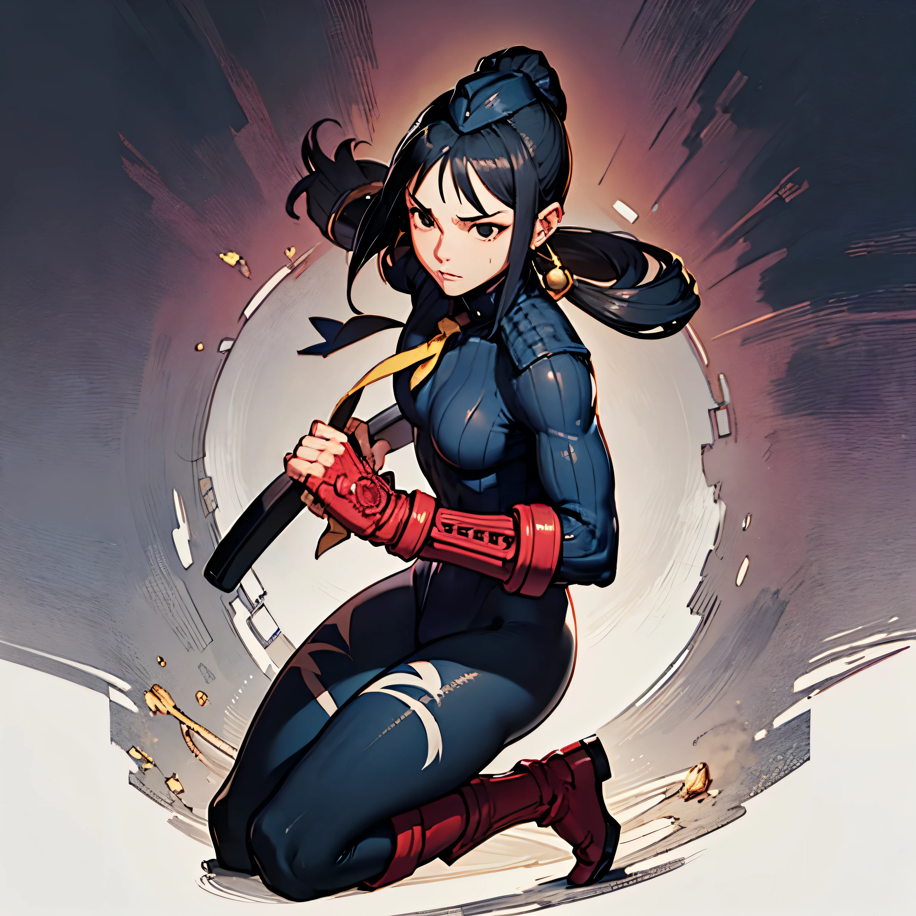 ultra-detailed, Explicit, Beautiful body, Beautiful Nose, Beautiful character design, perfect eyes, perfect face, ultra highres, 4K, beautiful legs, perfect legs, Nice hands, Perfect hand, Masterpiece, Best Quality, Highly detailed, illustration, absurdres, perfect anatomy, street fighter, doll suit, shadaloo doll, dollsuit, expressionless, blank eyes, looking at viewer, red gloves, emotionless, black latex, corruption, mind control, female combatant, full body, hypnotized, unhappy trance, full body suit, both arms at side, obey, perfect female body, extremely glossy latex, hypnosis, hypnoLora, empty eyes, Mind control device, poses, Slave, yellow necktie, latex, Fighting Stance, military, thigh boots, black pantyhose, dark persona, (((pixel-perfect, detail-perfect))), solo, 1girl, hair ornament, submissive pose, seductive pose, small breast, hibikims, black hair, black eyes, long hair, hair rings, holding katana, katana
