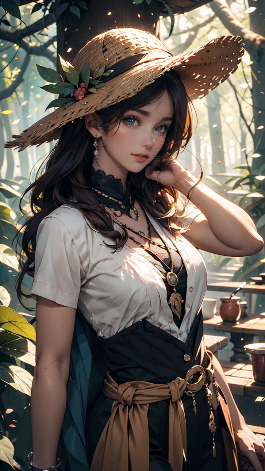 A girl with long black hair, wearing a white dress and a straw hat, sits on a rock next to a fruit-laden guava.
In the girl's right hand, a guava branch with a golden tip, which represents her magic wand and her ability to create and transform reality.
On the girl's left hand, a necklace of colorful beads with a gold coin hanging, which represents her diversity, harmony, abundance and prosperity.
On the wooden table in front of him, four objects representing the four elements and the four tools of the magician: a bowl filled with water, which represents the element of water and its emotion; a sharp sword, which represents the element of air and its reason; a carved staff, which represents the element of fire and its action; and a pentagram drawn on paper, which represents the earth element and its matter.
Around the girl, four animals: a yellow butterfly, which represents transformation and freedom; a green caterpillar, which represents potential and growth; a blue bird, which represents communication and inspiration; and a black cat, which represents intuition and protection --auto --s2