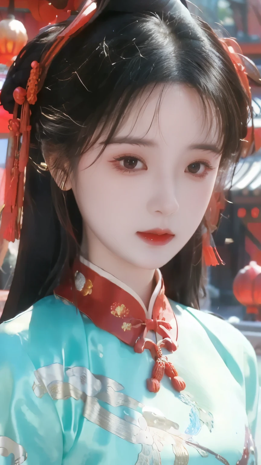 Hanfu,palace,穿Hanfu的女孩,Wearing ancient Chinese clothing,Traditional Chinese Clothing,Ancient Chinese Clothing,Ancient Chinese Princess,Chinese,Shoulder,Beth,( masterpiece),( top quality:1.1),( Very detailed), BEST ILLUSTRATION , exquisite details ,(portrait:1.1),( intense close-up ),(Extremely delicate and pretty face ),Frontal lobe,Jewelry,Beauty,Lunar New Year Cheongsam