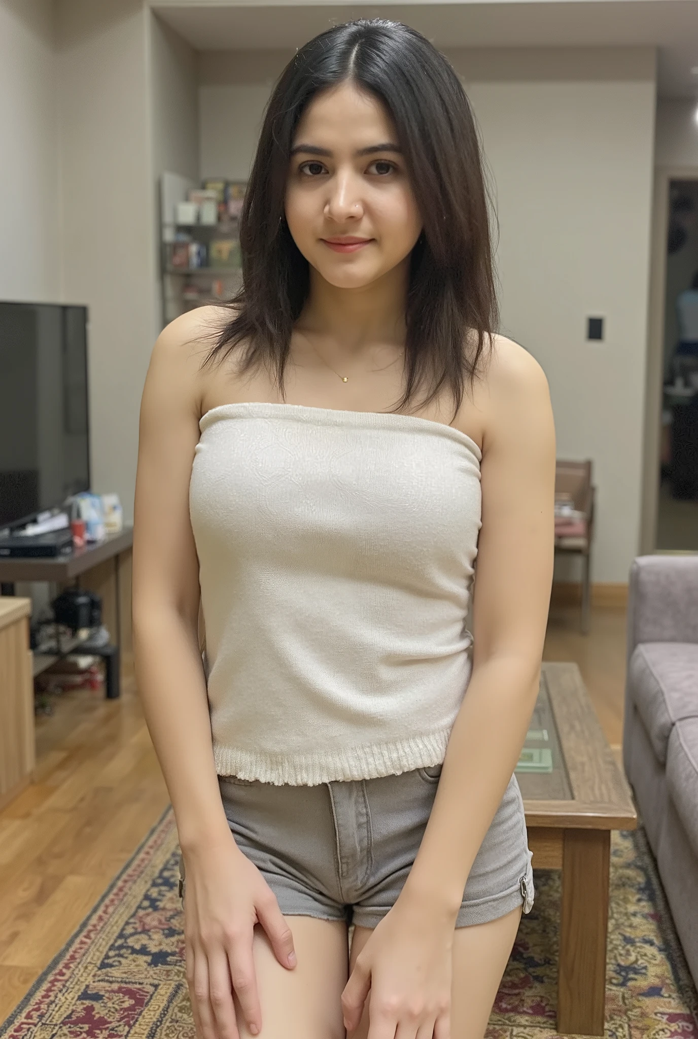 Young woman with medium skin tone and long dark hair, wearing a white sleeveless top and light gray shorts, standing in an livingroom setting at daylight with soft lighting in the background, look at viewer