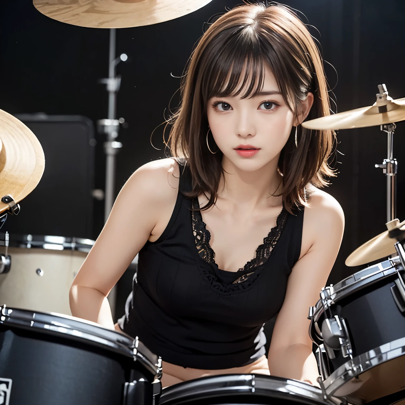 (( 1 woman :1. 4))、((solo))、((Full body portrait))、 cute、23 years old、 beautiful face、 well-groomed face、 tank top、(((Drum set)))、(((drummer、Hit the drums to get the rhythm)))、sweat、illumination、sit、lightly curled hair、 disheveled hair、 black lace、 muscular、 rock bands、( RAW photo, top quality), ( by Nomi, photo- by Nomi:1.4), Masterpiece, very delicate and beautiful , very well detailed , 2k wallpaper, wonderful, finely, very well detailed CG unity 8k wallpaper, very detailed, Hi-Res, Soft light,