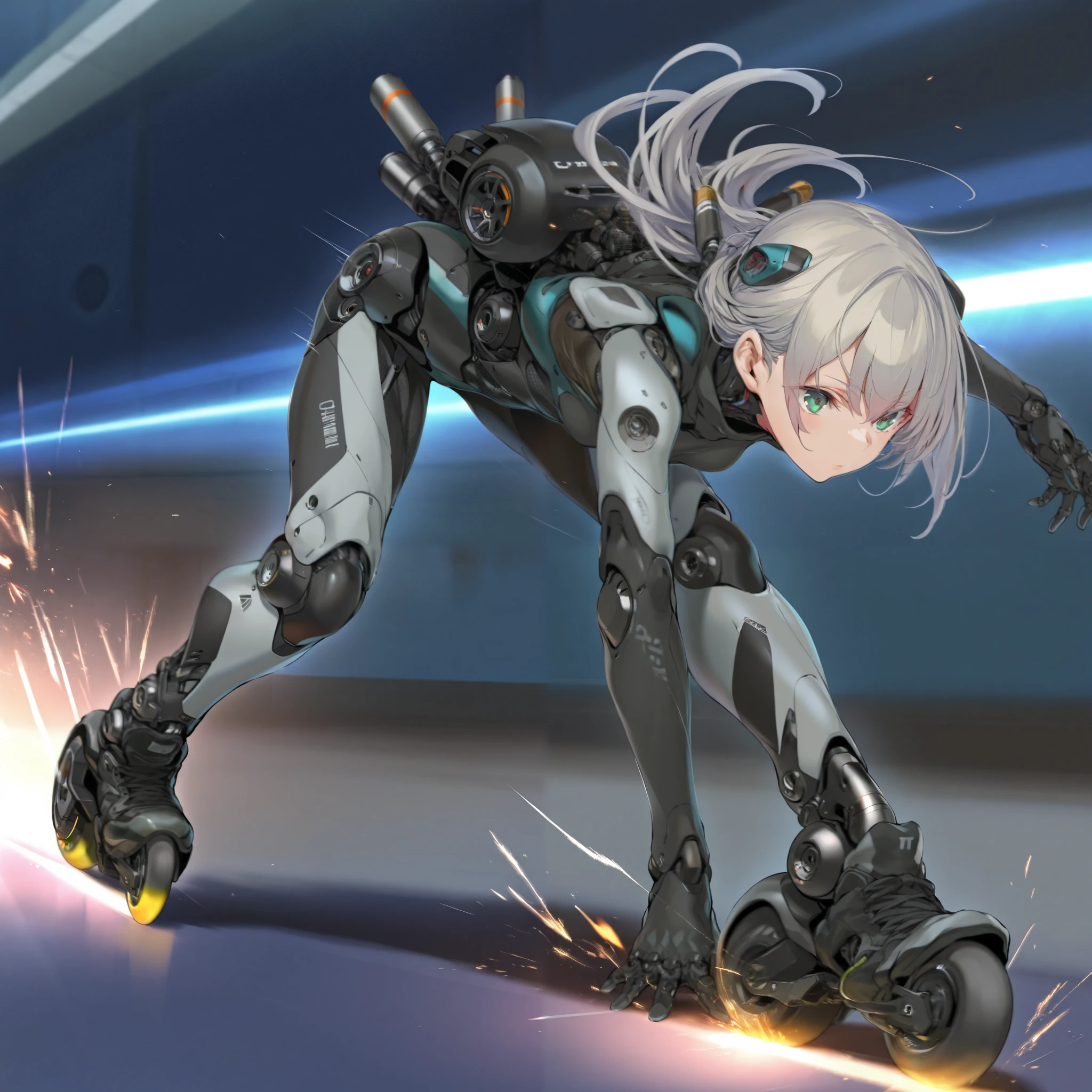 score_9, score_8_up, score_7_up, (afukuro, CyberpunkDetails), (1girl, solo), grey long hair, small breasts, (cyborg, prosthesis, prosthetic leg, joints, carbon fiber, engine), (inline skates, roller skates), (leaning forward, dynamic pose, speed skating), (motion lines, speed lines, sparks), in the highway