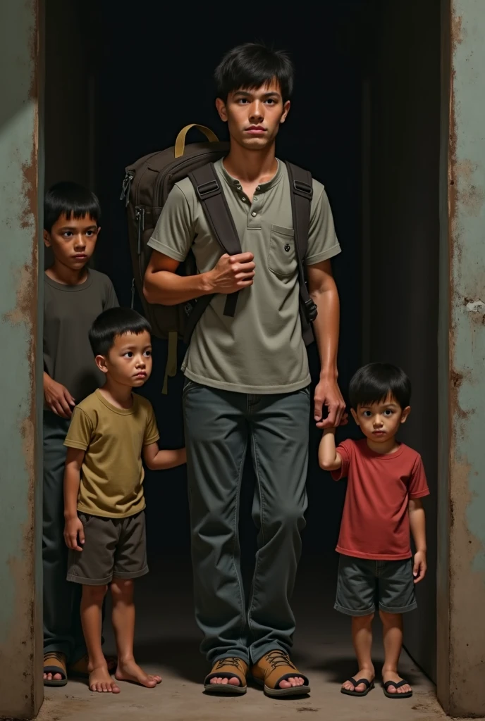 An image depicting the youngest son leaving his father's house, with a determined expression or sadness on your face. He may be carrying a bag or backpack.