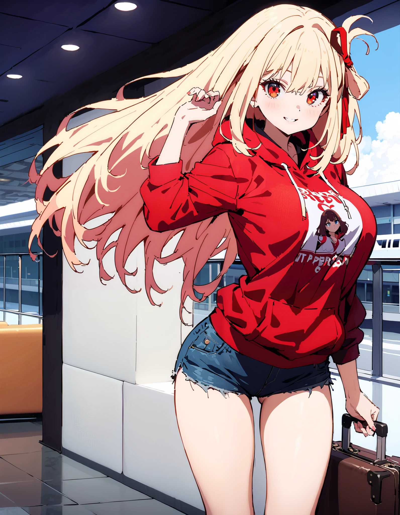 Nishiki Shiho , Nishiki Castle Senri,Alone, bangs,   blond hair with shoulder-length,  red eyes,Red hair ribbon ,  One Side Up, long hair,Baseball hats,smile,Big Breasts,blush, mouth,Oversized red hoodie, denim micro shorts , legs, Bbo~, suitcases, standing,whole bodyがイラストに入るように,
break indoors, airport,lobby,
break looking at viewer,whole body,
break ( Masterpiece:1.2), top quality , kampala, Unity 8k Wallpaper,(shape:0.8),(  fine, beautiful eyes  :1.6),It's a person ,whole body写真,CG Details , ( perfect hands, Complete ),