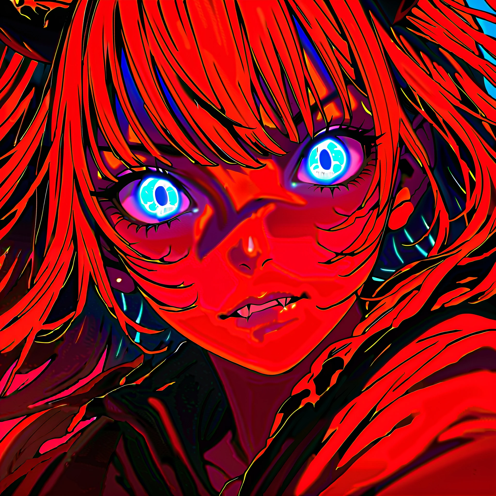 alone, watching viewers, 1 girl, jacket, monochrome, female focus, biting lip, luminescence, portrait, luminescence eyes, horns color, x-shaped, luminescence eye, red theme, anime genre and high detail 