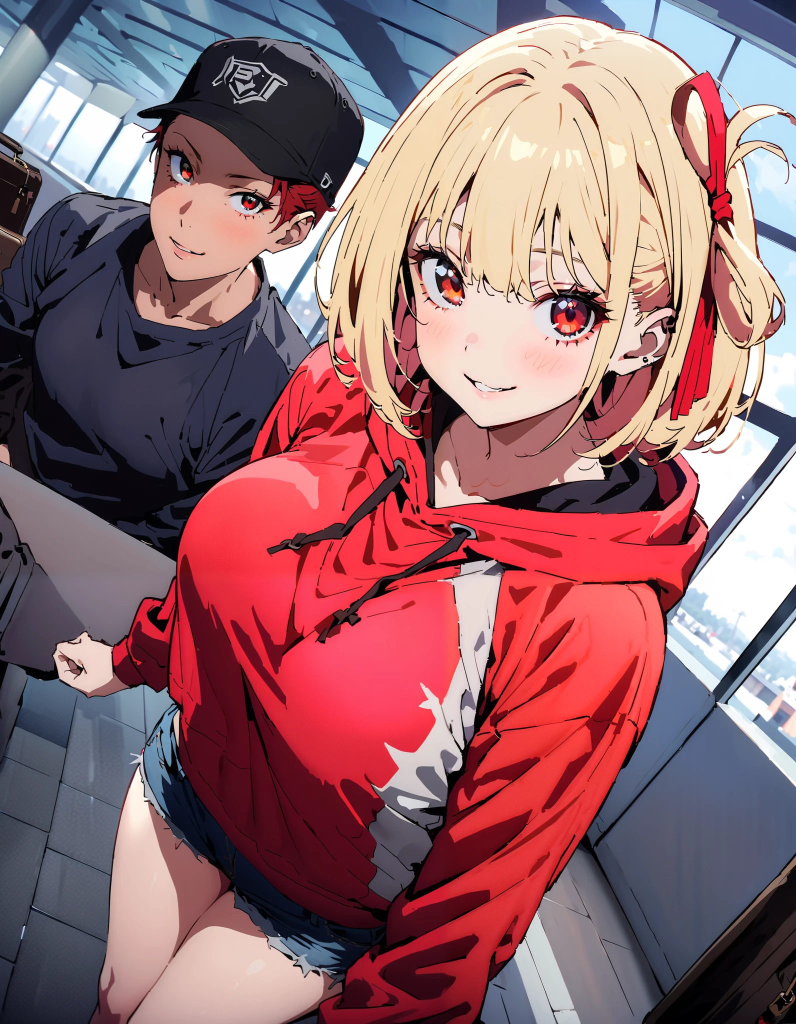 Nishiki Shiho , Nishiki Castle Senri,Alone, bangs, blond hair with shoulder-length, red eyes,Red hair ribbon , One Side Up, long hair,Baseball hats,smile,Big Breasts,blush, mouth,Oversized red hoodie, denim micro shorts ,Bare legs, Bbo~, suitcases, standing,whole bodyがイラストに入るように,
break indoors, airport,lobby,
break looking at viewer,whole body,
break ( Masterpiece:1.2), top quality , kampala, Unity 8k Wallpaper,(shape:0.8),( fine, beautiful eyes :1.6),It's a person ,whole body写真,CG Details , ( perfect hands, Complete Anatomy),