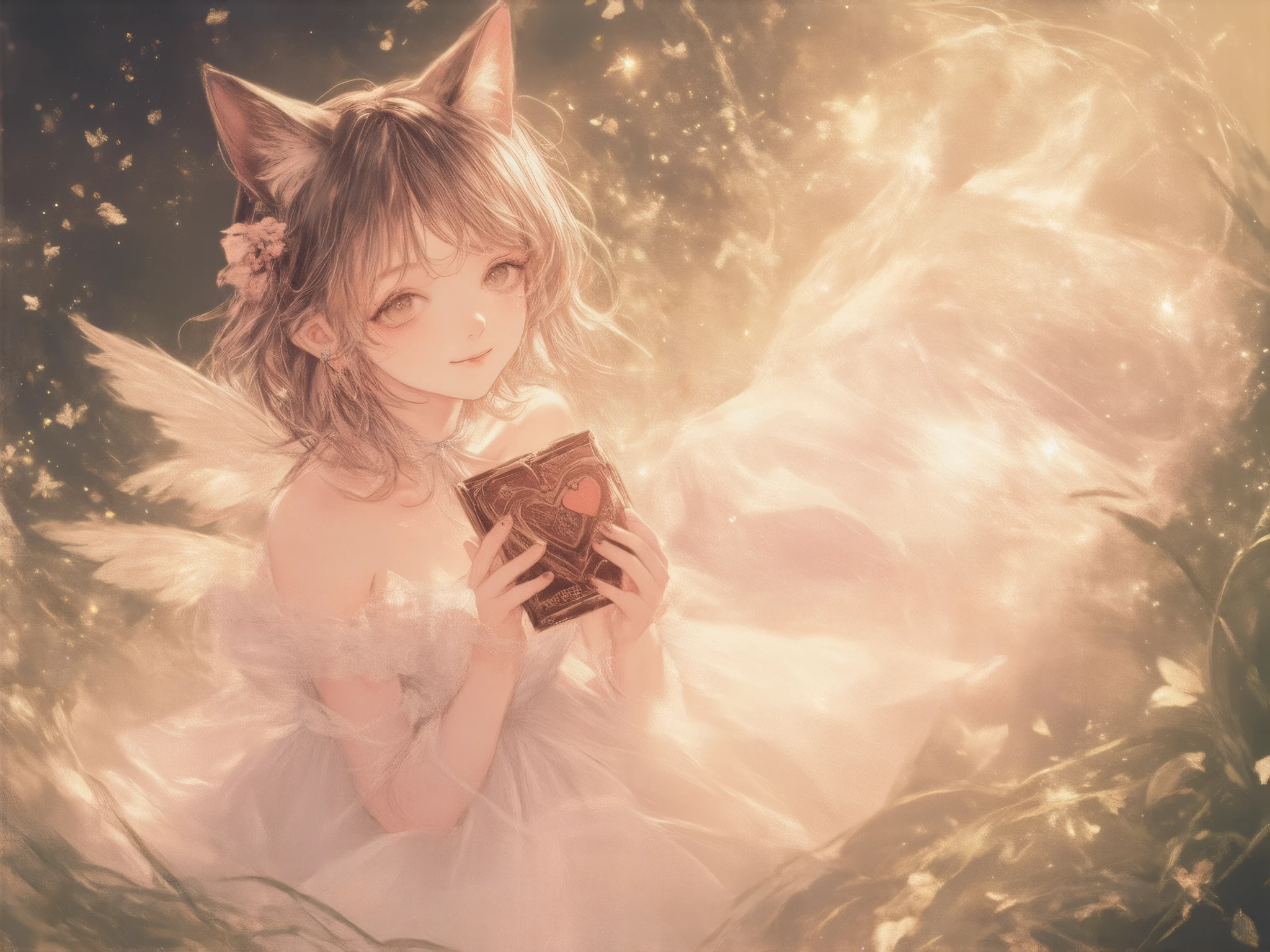 A digital artwork of a cute girl with cat ears holding a Valentine's chocolate, set against a magically sparkling background. The atmosphere is warm and dreamy, with soft golden and pink hues illuminating the scene. The girl's expression is warm and inviting, and her delicate features are highlighted by gentle lighting. Her outfit is depicted with a soft fabric texture, enhancing the cozy feel. The background is scattered with twinkling lights, adding a whimsical touch to the composition, creating a delightful and enchanting image. Delicate , are highlighted by transparent feathers . She has been a long time, wave hair, and her ethereal beauty is soft , Shining Light. in the background 、 A magical forest of twinkling lights and green leaves spreads out. Fairies sparkle , Translucent dress, adds a romantic and sophisticated atmosphere . The whole scene is serene and otherworldly , sit gracefully on the ground , by Nomi, photo by Nomi, RAW photo