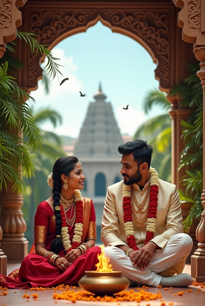 ((best quality)), ((masterpiece)), (detailed), perfect face 4k, nude pics,ultra realistic, highly detailed, masterpiece, award winning picture, a couple, wedding portrait, indian style wedding,groom & bridal, standing,near , bonfire,, tress,  3D image 