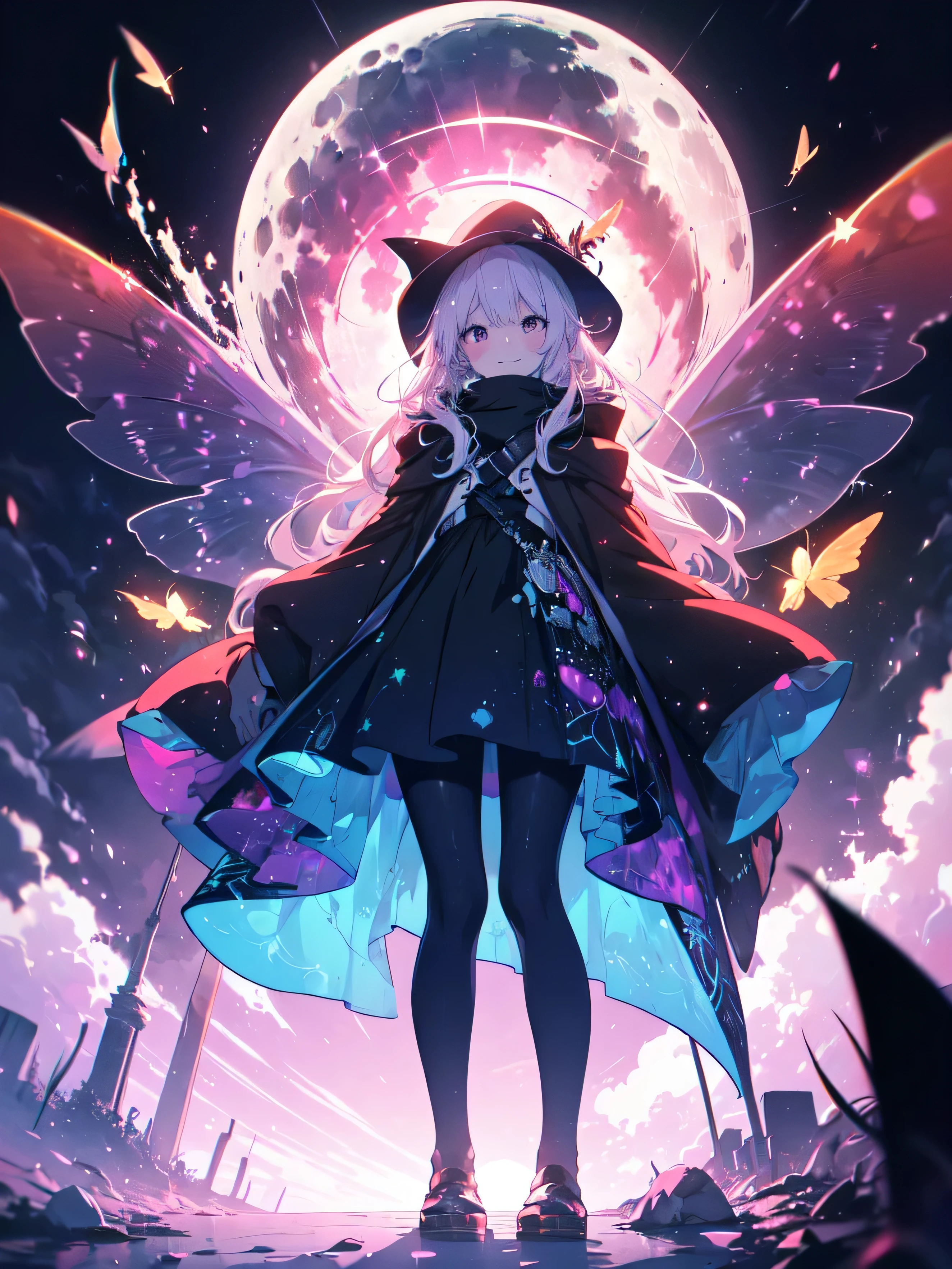 (masterpiece), highest quality, Expressive eyes,A man wearing a hat standing in a field, Silkscreen, pixiv Contest Winner, Fantasy art, [ bioluminescent colors ]!!, Beautiful witch spooky woman, Stream on Twitch, colorful aesthetic, Hyper Light Drifter Color Palette, Benevolent Android Necromancer, Black slime, Josan Gonzalez!!!, Beautifully presented, 高resolution　Wicked Smile　One girl, Beautiful and fine details, Long purple hair, Pale red eyes, Princess Dress, Glowing Skin, resolution, (Anime Style:1.6)High Contrast, ((Mastepiece, highest quality))Vast landscape photography, (View from below with views of the sky and wilderness below), Girl looking up, (full moon: 1.2), (shooting star: 0.9), (nebula: 1.3), Distant Mountain, Treebreak Production Art, (Warm light source: 1.2), (fire Fly: 1.2),  Purple and Orange, Intricate details, Volumetric Lighting, Realism Break (Mastepiece: 1.2) (highest quality), 4k, Super detailed, (Dynamic Configuration: 1.4), Extremely detailed and colorful, (Iridescent colors: 1.2), (Brilliant lighting, Ambient lighting), dream-like, Magic, (alone: 1.5)　Perfect Fingers
