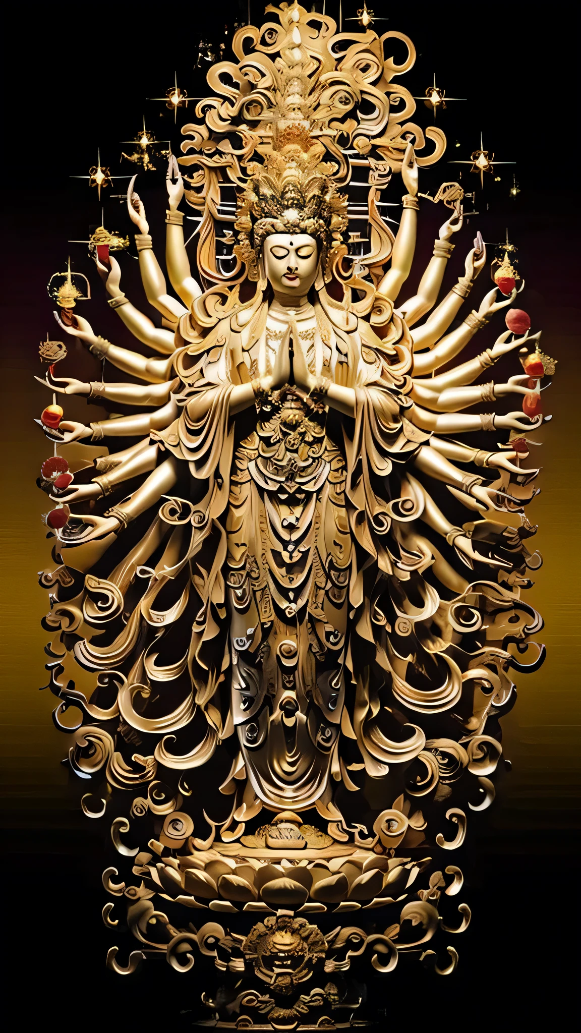 shines in gold、 Guanyin Statue Made of Jade and Gemstones , Transparent and shiny, beautiful face, Multiple Hands Holding Treasure Weapons , detailed hands, Floating Red Ruby Lotus , full body, Masterpiece, super detailed, A magnificent composition, , high quality, extremely detailed, Official Art, Unified 8K Wallpaper, super detailed, Professional Studio Lighting, Shining