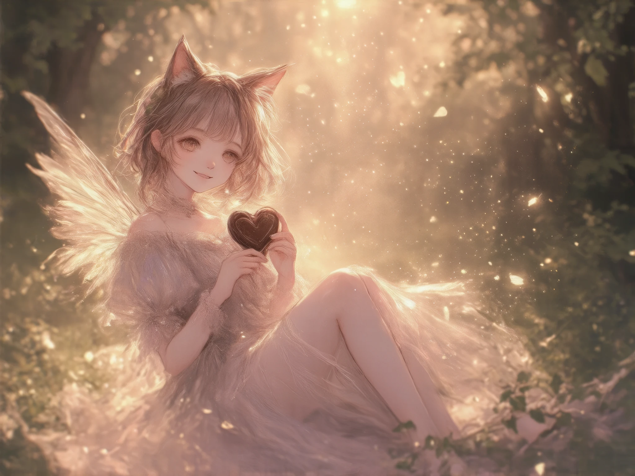 A digital artwork of a cute girl with cat ears holding a Valentine's chocolate, set against a magically sparkling background. The atmosphere is warm and dreamy, with soft golden and pink hues illuminating the scene. The girl's expression is warm and inviting, and her delicate features are highlighted by gentle lighting. Her outfit is depicted with a soft fabric texture, enhancing the cozy feel. The background is scattered with twinkling lights, adding a whimsical touch to the composition, creating a delightful and enchanting image.　Delicate ,  are highlighted by transparent feathers . She has been a long time,  wave hair,  and her ethereal beauty is soft , Shining Light.  in the background 、 A magical forest of twinkling lights and green leaves spreads out. Fairies sparkle , Translucent dress,   adds a romantic and sophisticated atmosphere  .   The whole scene is serene and otherworldly  ,  sit gracefully on the ground ,  by Nomi, photo by Nomi,  RAW photo