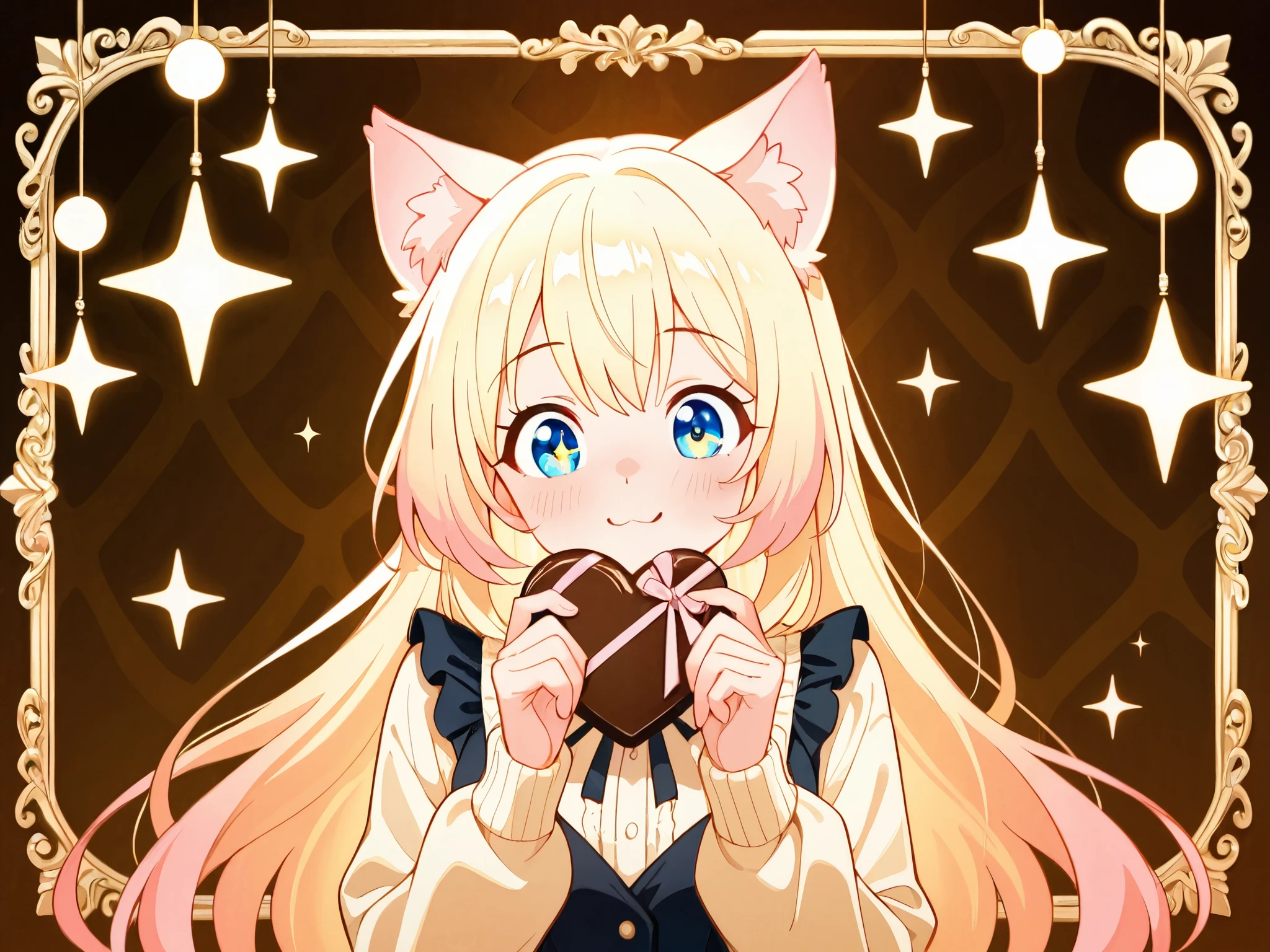 A digital artwork of a cute girl with cat ears holding a Valentine's chocolate, set against a magically sparkling background. The atmosphere is warm and dreamy, with soft golden and pink hues illuminating the scene. The girl's expression is warm and inviting, and her delicate features are highlighted by gentle lighting. Her outfit is depicted with a soft fabric texture, enhancing the cozy feel. The background is scattered with twinkling lights, adding a whimsical touch to the composition, creating a delightful and enchanting image.