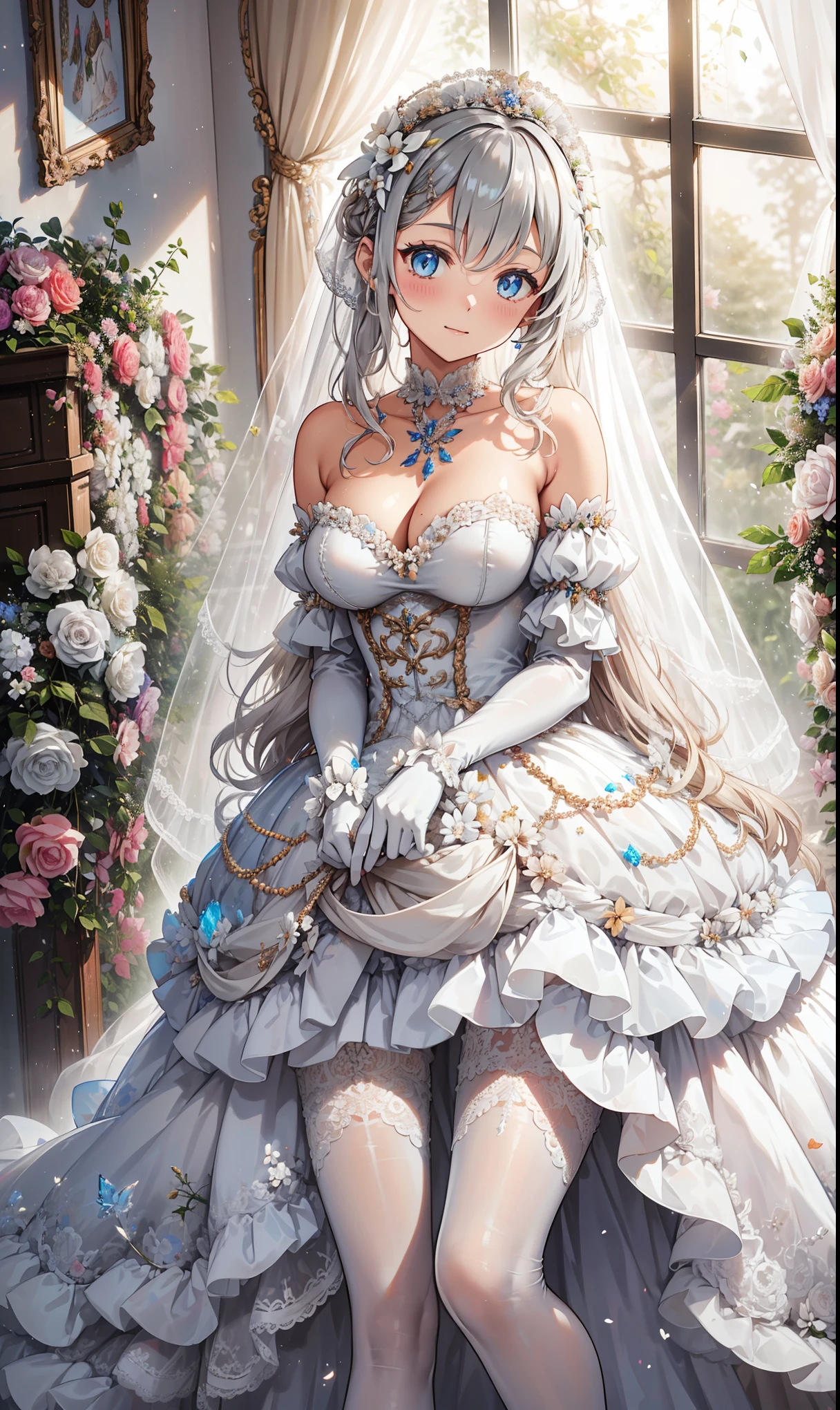  milkshake ，Attractions，  Have Fun  ，in love，( girl in white modern shirt 、Characteristics of a wedding dress、 dress and pantyhose :1.2)，(   white ruffle bow gloves   )， Silver Hair ，  golden eyes，Sacred headdress，  transparent lace  ， Gorgeous Dress  ，  alone，European bedroom，(night:1.1)，Delicate and beautiful face  ，Lolita，Flowers on clothes ， colorful flowers，Flowers fall，Flower fly