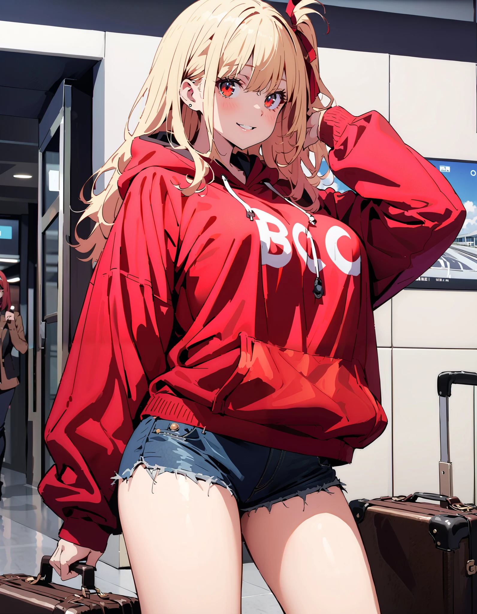 Nishiki Shiho , Nishiki Castle Senri,Alone, bangs, blond hair with shoulder-length, red eyes,Red hair ribbon , One Side Up, long hair,smile,Big Breasts,blush, mouth,Oversized red hoodie, denim micro shorts ,Bare legs, Bbo~, suitcases, standing,whole bodyがイラストに入るように,
break indoors, airport,lobby,
break looking at viewer,whole body,
break ( Masterpiece:1.2), top quality , kampala, Unity 8k Wallpaper,(shape:0.8),( fine, beautiful eyes :1.6),It's a person ,whole body写真,CG Details , ( perfect hands, Complete Anatomy),