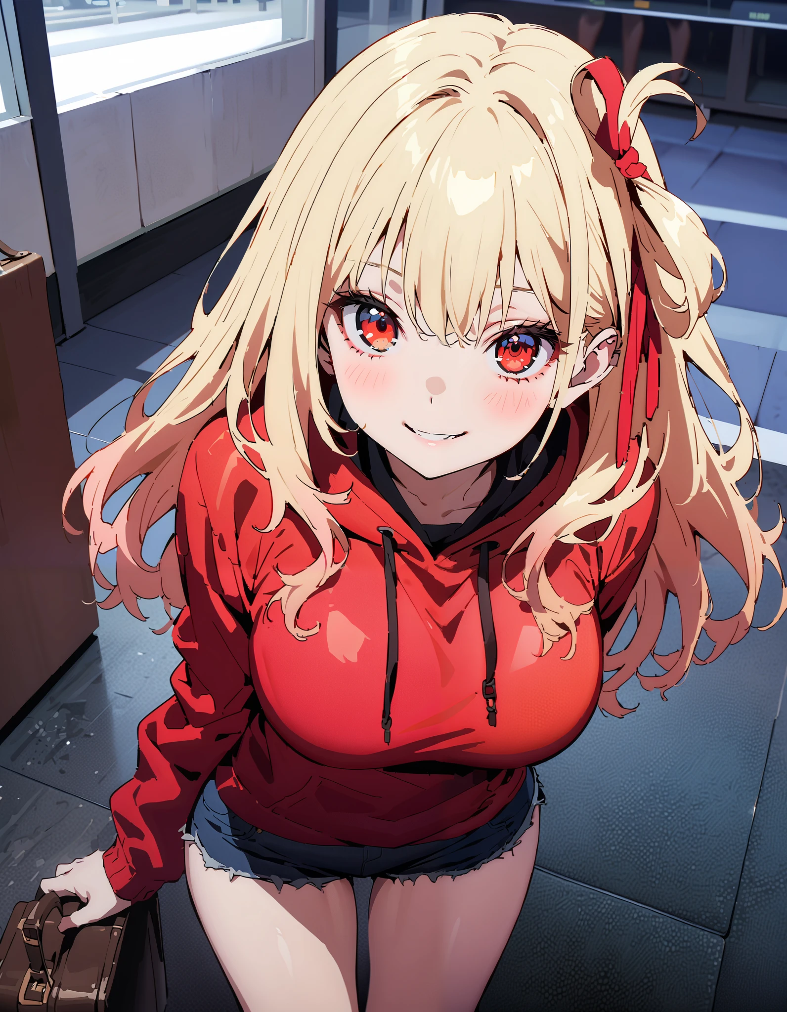 Nishiki Shiho , Nishiki Castle Senri,Alone, bangs, blond hair with shoulder-length, red eyes,Red hair ribbon , One Side Up, long hair,smile,Big Breasts,blush, mouth,Oversized red hoodie, denim micro shorts ,Bare legs, Bbo~, suitcases, standing,whole bodyがイラストに入るように,
break indoors, airport,lobby,
break looking at viewer,whole body,
break ( Masterpiece:1.2), top quality , kampala, Unity 8k Wallpaper,(shape:0.8),( fine, beautiful eyes :1.6),It's a person ,whole body写真,CG Details , ( perfect hands, Complete Anatomy),