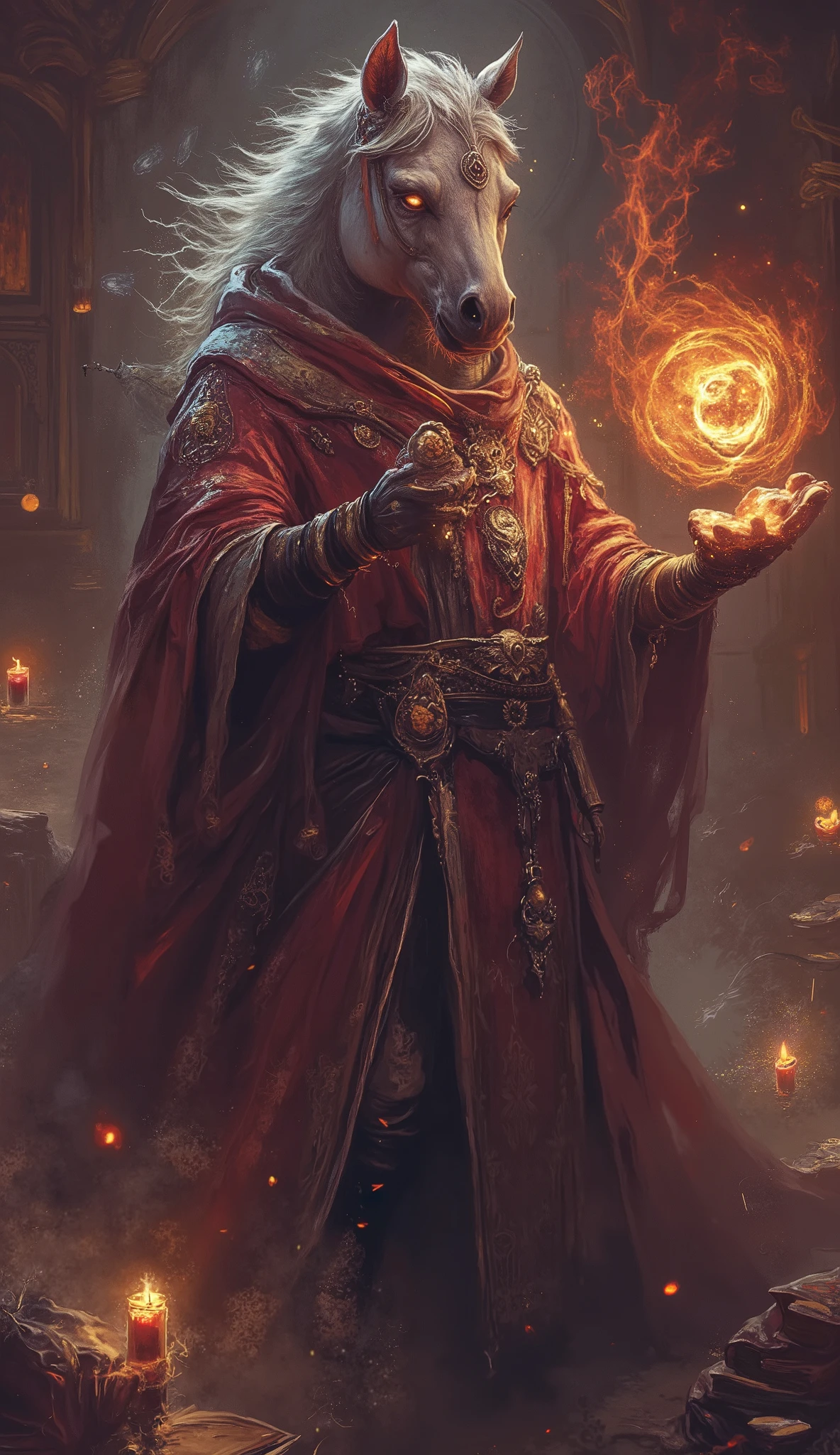 Ultra-detailed illustration of an anthropomorphic magician horse, blending fantasy and realism. The horse stands upright with a majestic posture, wearing an elaborate, flowing robe adorned with arcane symbols and golden embroidery. Its intelligent eyes glow faintly with mystical energy, and its mane flows as if enchanted. One hand holds an ancient spellbook, while the other conjures a swirling vortex of magical energy, crackling with light. The background features a grand, dimly lit library or a mystical forest, with floating candles and arcane symbols glowing in the air. The atmosphere is rich with mystery, power, and fantasy allure.