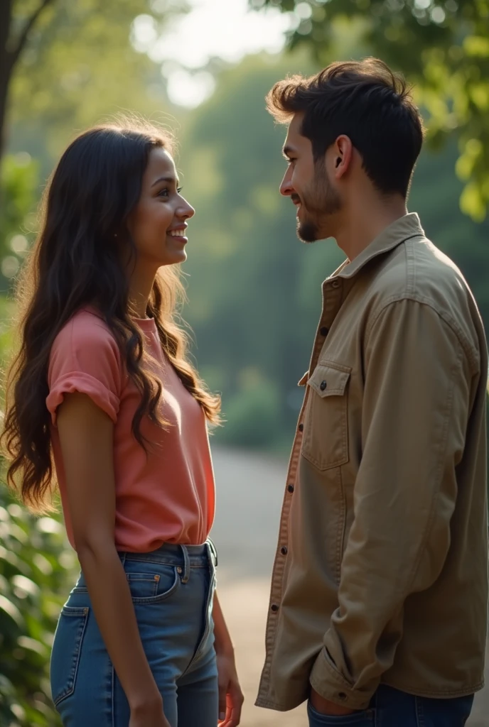 A 25-year-old, 150-pound Brazilian woman with long, dark straight hair and wearing a sweatshirt , in a sweatshirt sitting on a park bench with her man beside her, full body background room looking forward