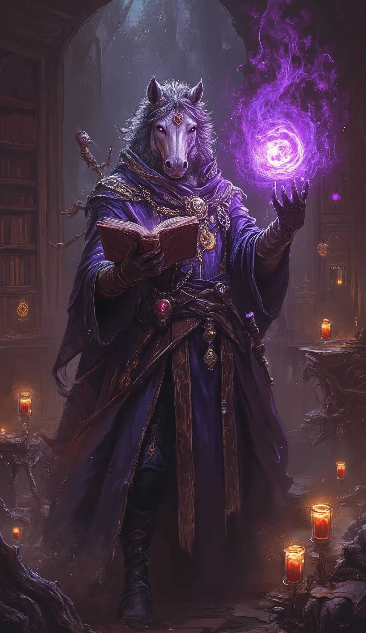 Ultra-detailed illustration of an anthropomorphic magician horse, blending fantasy and realism. The horse stands upright with a majestic posture, wearing an elaborate, flowing robe adorned with arcane symbols and golden embroidery. Its intelligent eyes glow faintly with mystical energy, and its mane flows as if enchanted. One hand holds an ancient spellbook, while the other conjures a swirling vortex of magical energy, crackling with light. The background features a grand, dimly lit library or a mystical forest, with floating candles and arcane symbols glowing in the air. The atmosphere is rich with mystery, power, and fantasy allure.