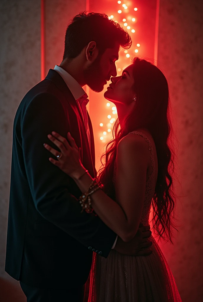 Shadows of young people, a man and a woman kissing and a third shadow of a woman in the red room as a background (only one)