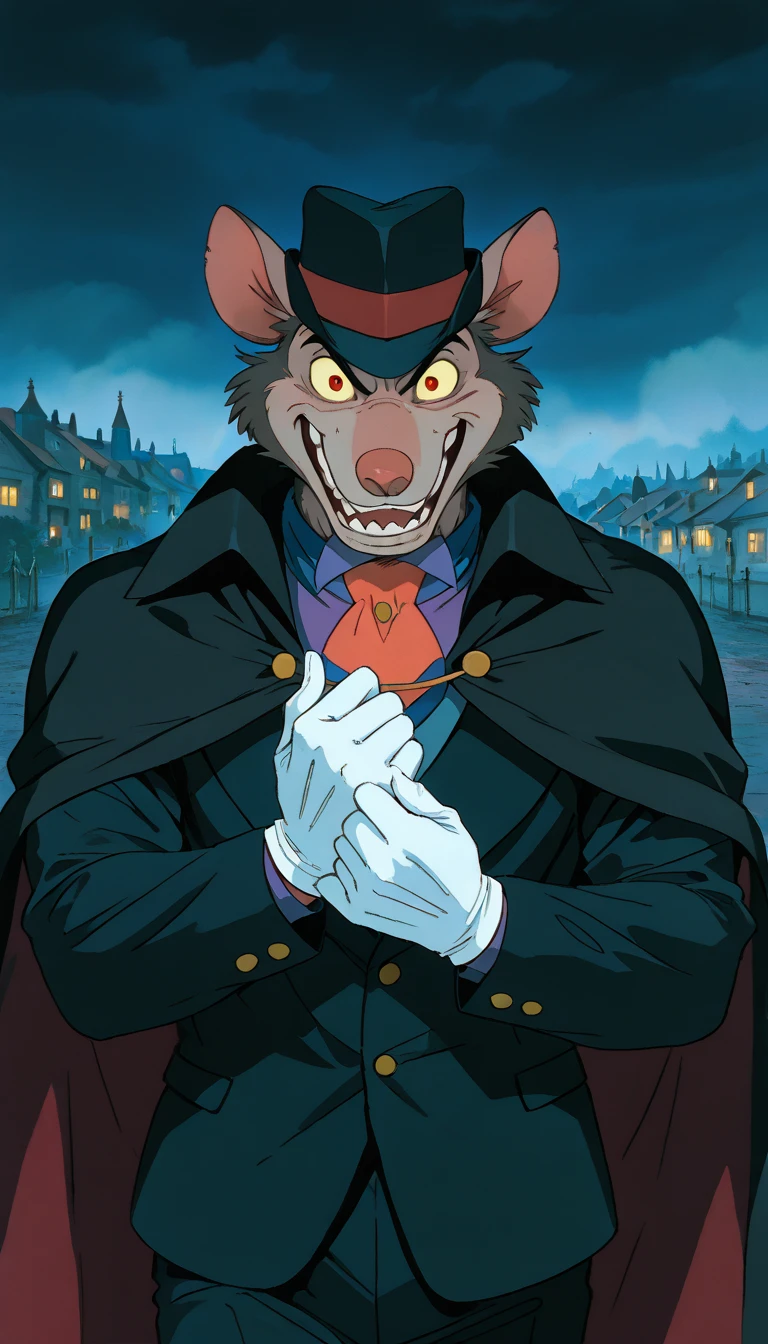 (score_9, score_8_up, score_7_up, score_6_up, score_5_up, score_4_up, source_furry, anthro, Professor_Padraic_RatiganGreat_Mouse_Detective, 1boy, male focus), (extremely detailed CG unit 8k wallpaper),(master part), (best quality), (ultra detail), (best illustration),(ghibli_style), cowboy shot, close up, standing, facing viewer, looking at viewer, perfect face, perfect eyes, perfect fingers, (Sharp eyeliner, ombre, detailed eyes:1), traditional media, ghibli landscapes, scenery, outdoors, dark, night, alleyway,London, shadows, fog, break , upper body, solo, smile, (suit, furry male, yellow sclera, white gloves, black cape, hat, animal ears, black jacket, open mouth, grin, black headwear, cape)