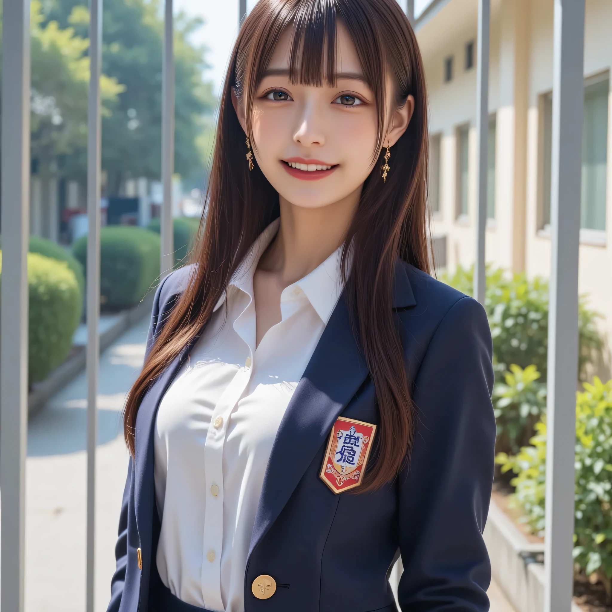 ((((( high school girl、 blazer uniform)))))、whole body、smile、( long dark hair:1.5), school gate、sunny、 shirt、 ( big breast:1.7) 、 miniskirt 、 looking at the camera
