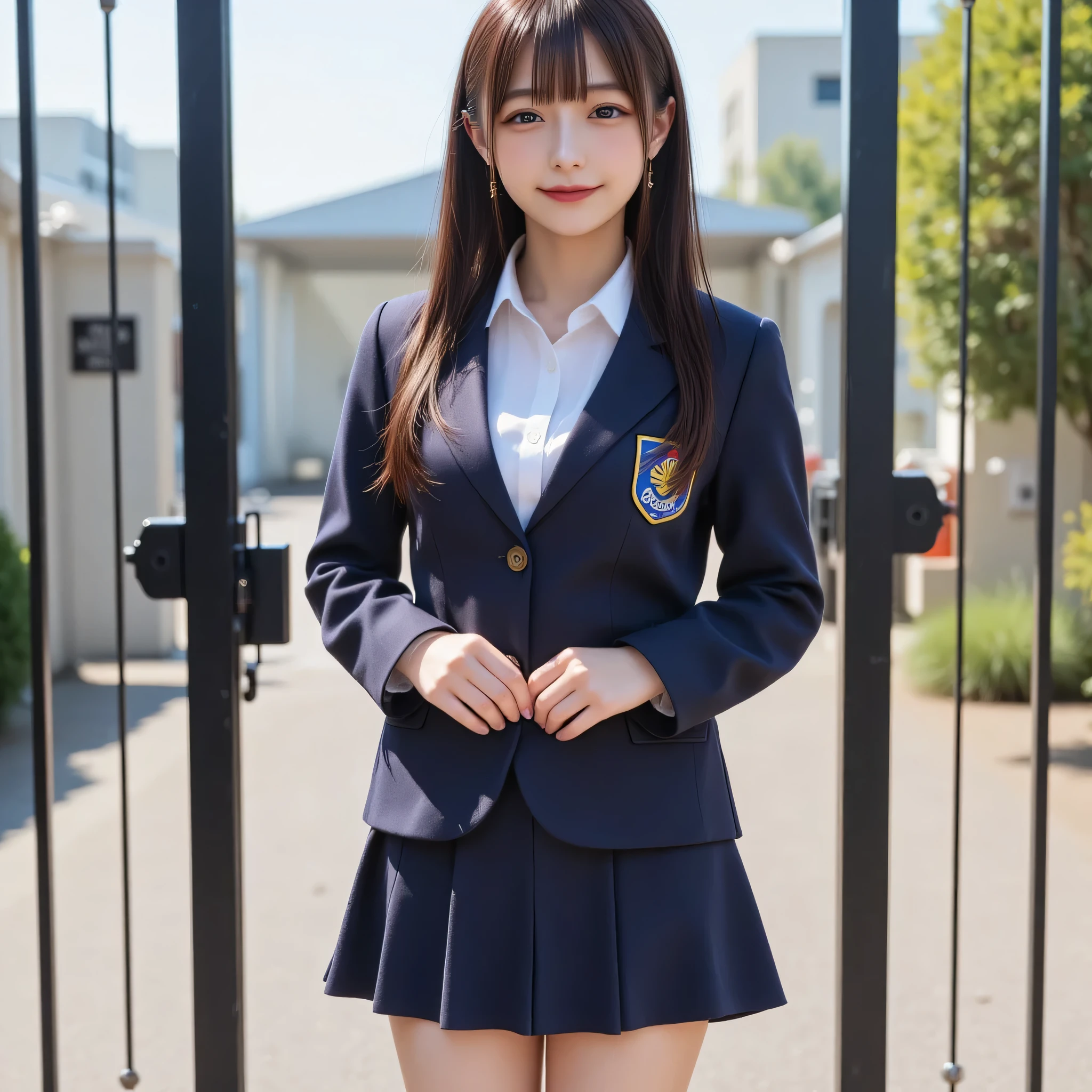 ((((( high school girl、 blazer uniform)))))、whole body、smile、( long dark hair:1.5), school gate、sunny、 shirt、 ( big breast:1.7) 、 miniskirt 、 looking at the camera