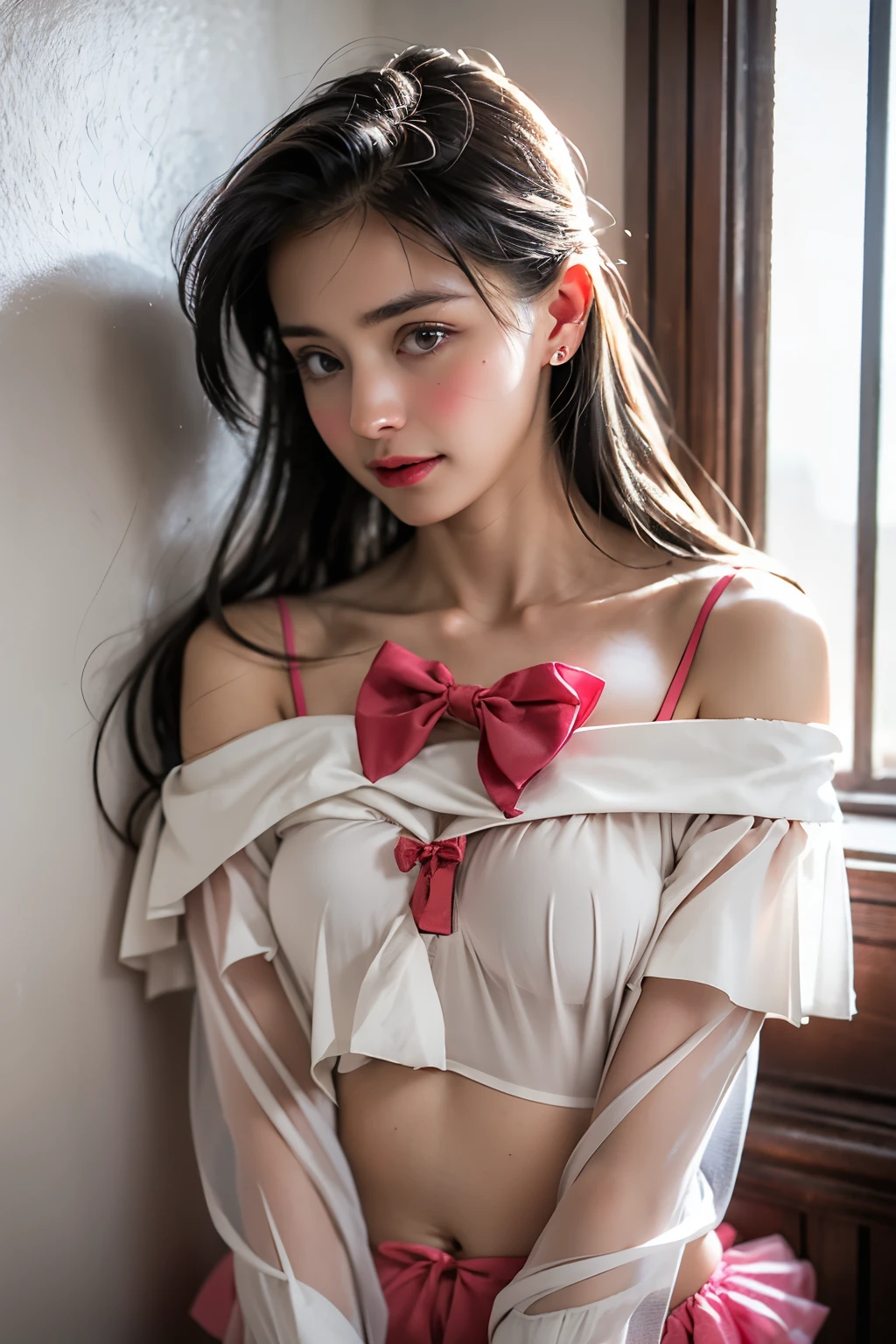 in the bathroom,Wet,charming eyes,Heartwarming action,Turn your face away from the camera,bent down,bend over,turn back,Look up at your head,thick long hair,highly detailed body,highly detailed face,best quality,(off shoulder white blouse),(Loose red bow tie)、(pink bra)、(Have a wine glass),(Pink panties are visible), show nipples in medium breasts, show vagina,, s