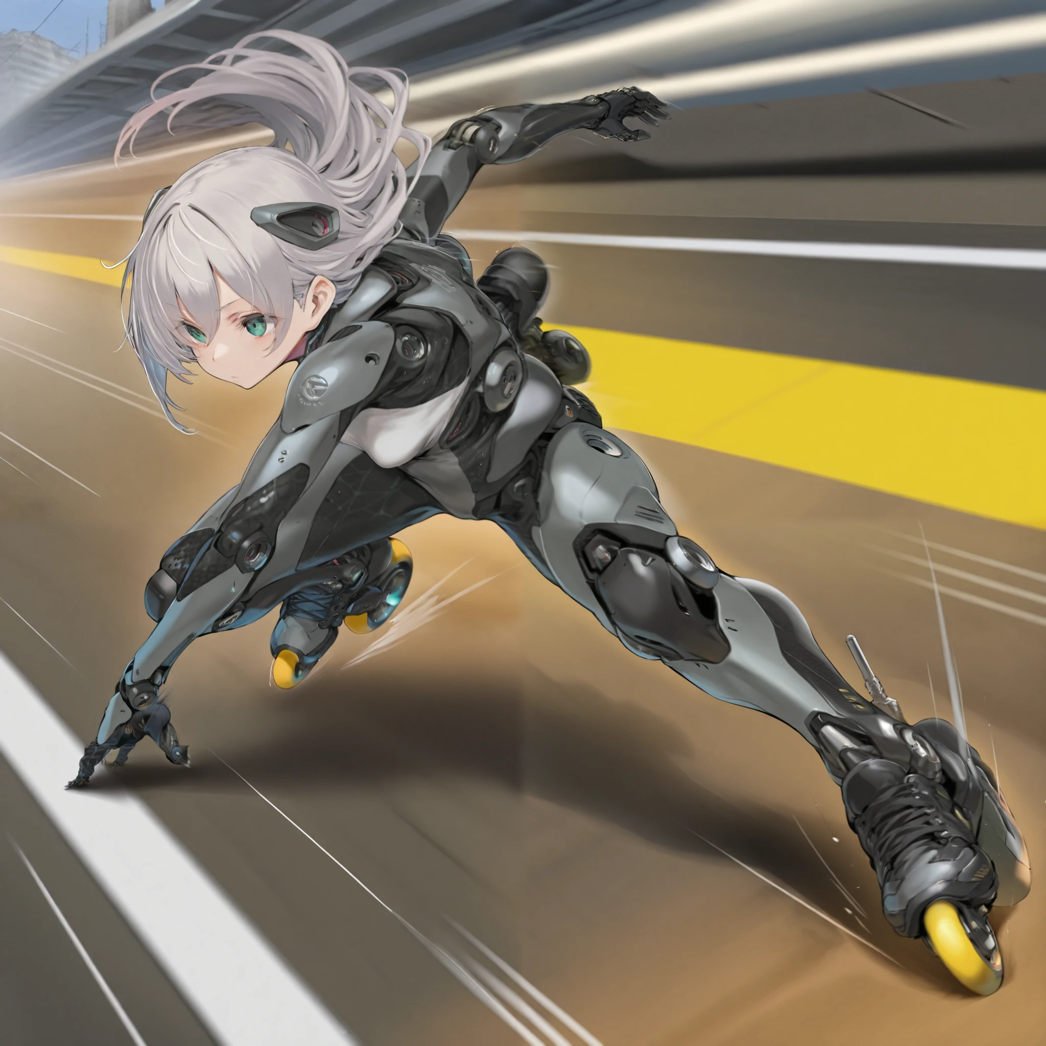 score_9, score_8_up, score_7_up, afukuro, (1girl, solo), grey long hair, small breasts, (cyborg, prosthesis, prosthetic leg, joints, carbon fiber), (inline skates, roller skates), (dynamic pose, speed skating), (motion lines, speed lines), (post apocalypse, in the highway)