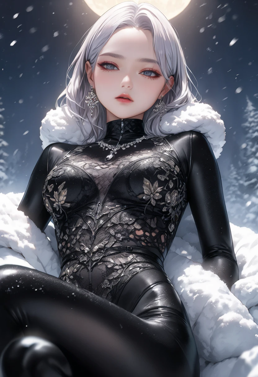 ((masterpiece:1.5、8K、Tabletop、フォトリアリスティックでVery detailedなCG、Very detailed、Particle Effects、Dynamic Effects、Shallow depth of field、Cinematic Light、Lens flare、Ray Tracing、Tabletop、Realistic:1.4、Ultra-high resolution:1.2、Realistic、Realistic))((alone、,A woman wearing a black fur coat over an off-the-shoulder sweater:1.4、Elegant and sexy woman、Detailed face、bright表情、young, bright, Whiter skin、medium breasts、Beautiful cleavage、Best Looks、Asian、Ultimate beauty、bright and shiny hair,、Super long, Silky straight hair、Hair dancing in the wind))(spectacular night sky、White Nights、Fantastic starry sky)((White hair with shiny highlights))
