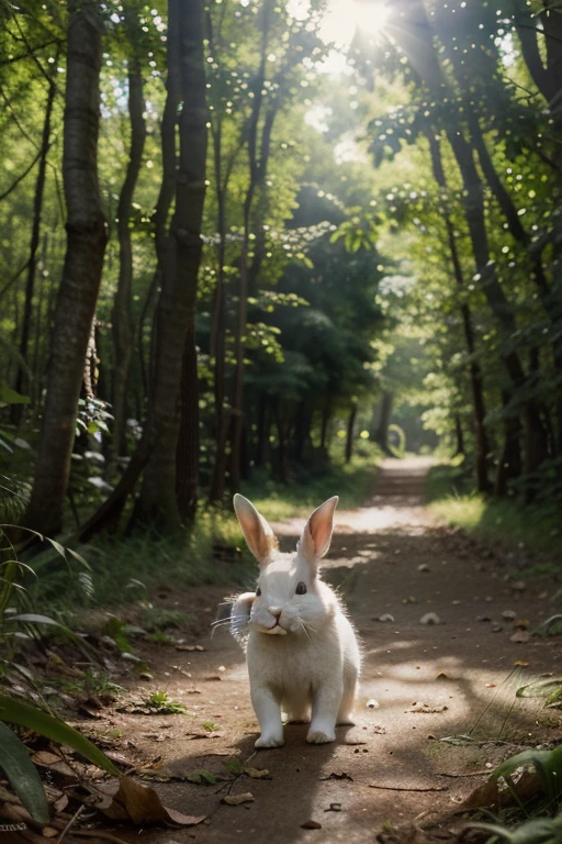 A white rabbit with soft fur, quick and nimble, is happily hopping ...