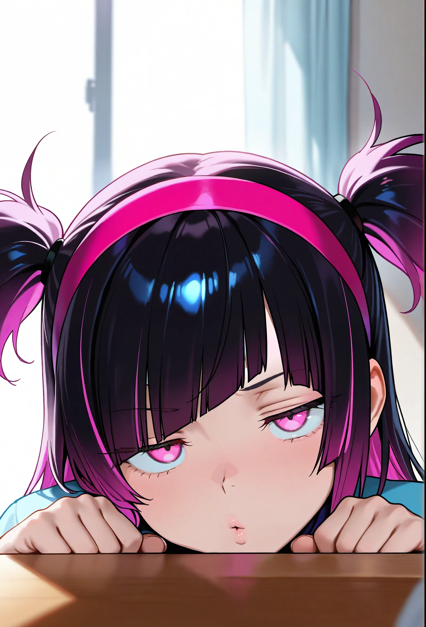 ( Masterpiece, top quality, amazing quality, Very Aesthetic, is ridiculous, latest:1), Masterpiece, top quality,amazing quality, 1 girl,Alone,Solo Girl, jitome, stupid hair, gradation color hairstyle , Diagonal bangs, unknotted hair, headband, pink eyes,