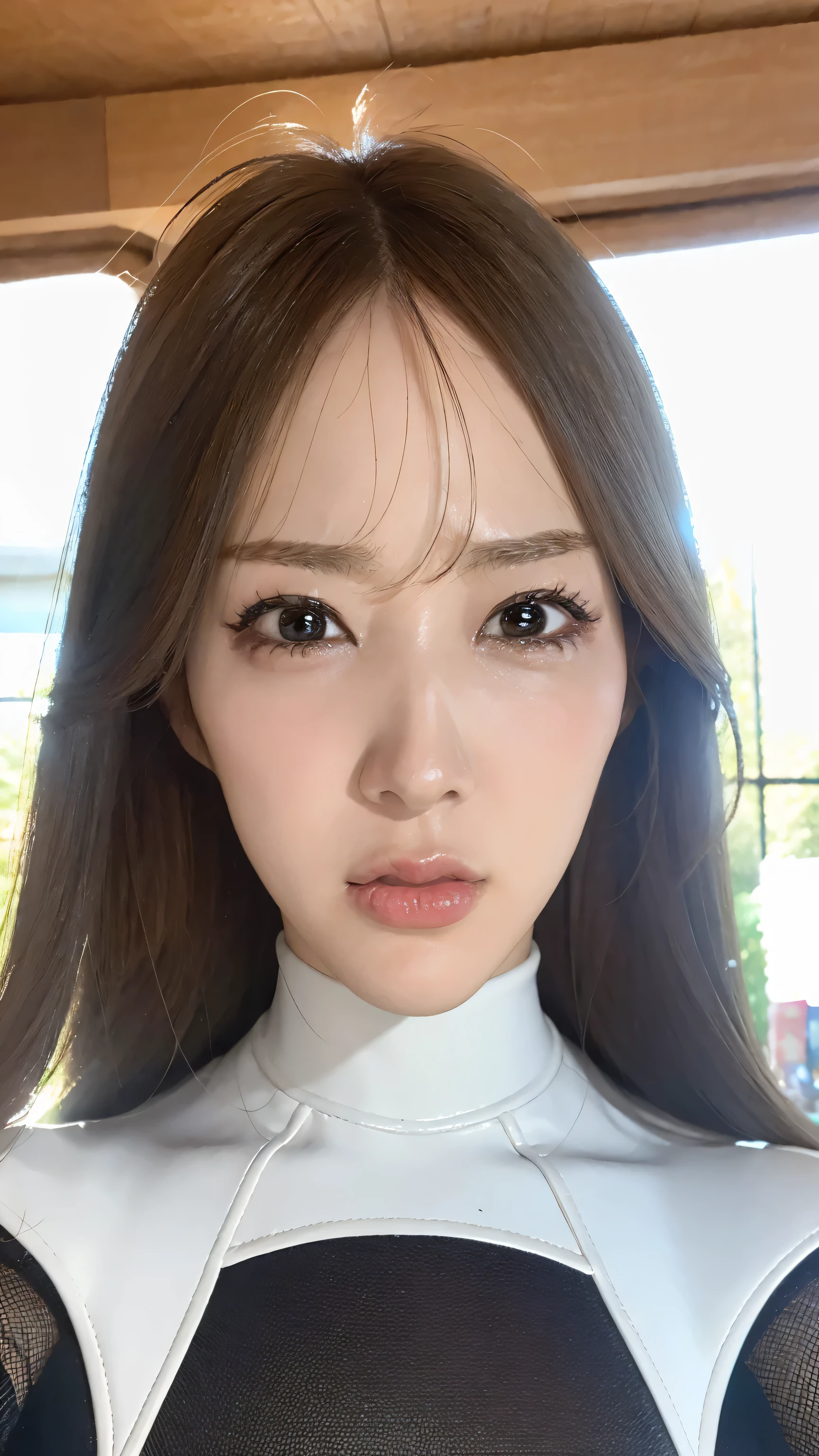 Here's a simple closeup of a woman's face 、 she's staring us intently 、 I'm staring at me by force 、 Eyes Grow Bigger 、 look at me、 opens your mouth wide、Angry Eyes、 angry eyebrows 、 Front 、 an angry woman brings her face close 、 angry eyebrows 、 She's staring at us 、 I'm angrily opening my mouth 、 staring at her so closely . . Background、 of her face in a very and black shiny wetsuit 、 I'm putting my face very close to the front