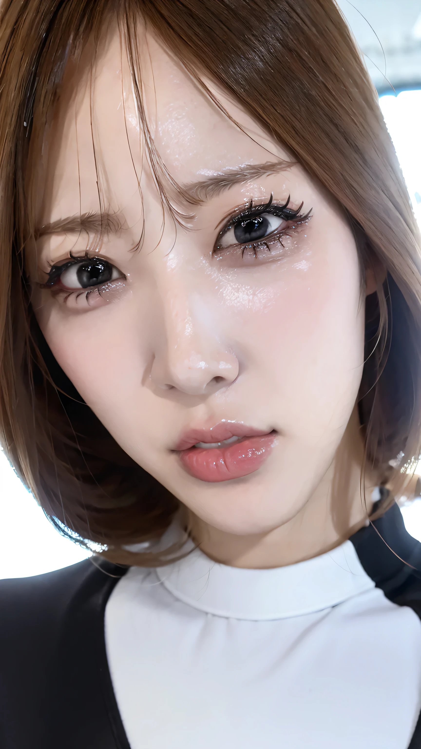 face、 One woman with a close-up face that makes her eyes so big、 she looks us in the eye 、 Force your gaze here 、 とても目が大きくなる、 look at me、 opens your mouth wide、Angry Eyes、 angry eyebrows 、 Front 、 an angry woman brings her face close 、 angry eyebrows 、 She's staring closely into our eyes 、 show your teeth and open your mouth angrily 、 they are wearing a very tight white and black shiny wetsuit . . the background is a simple close-up of their face 、 have a face very close to the front