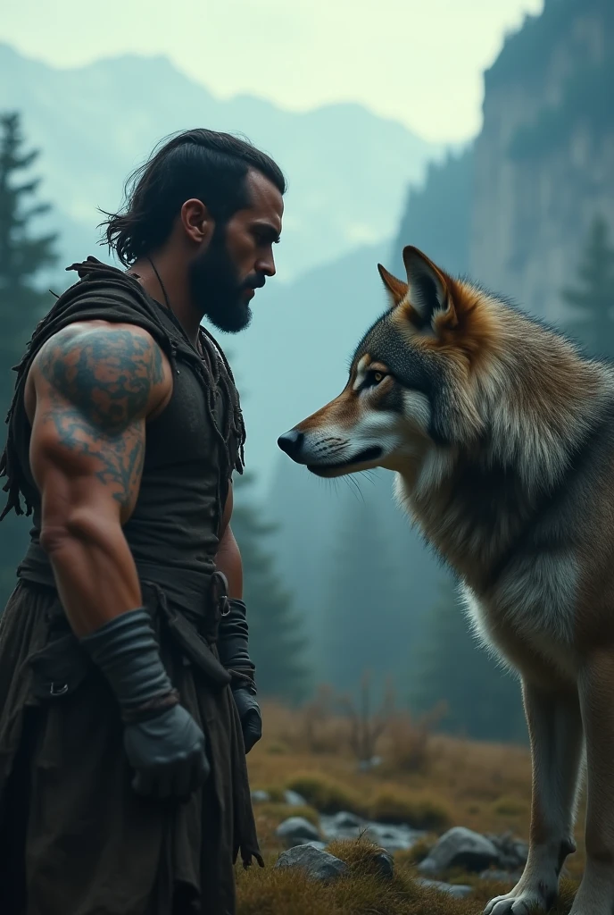 the best quality, very high resolution, detailed 4K CG, Masterpiece artwork, augur, Nordic Deuses, handsome man holding bagpipes plus a wolf, rune tattoos, viking, Celtic mountains, blue sky, Norse mythology, viking rune tattoo, beautiful aesthetic, Beautiful picture, There are beautiful mountains with green grass in the back
