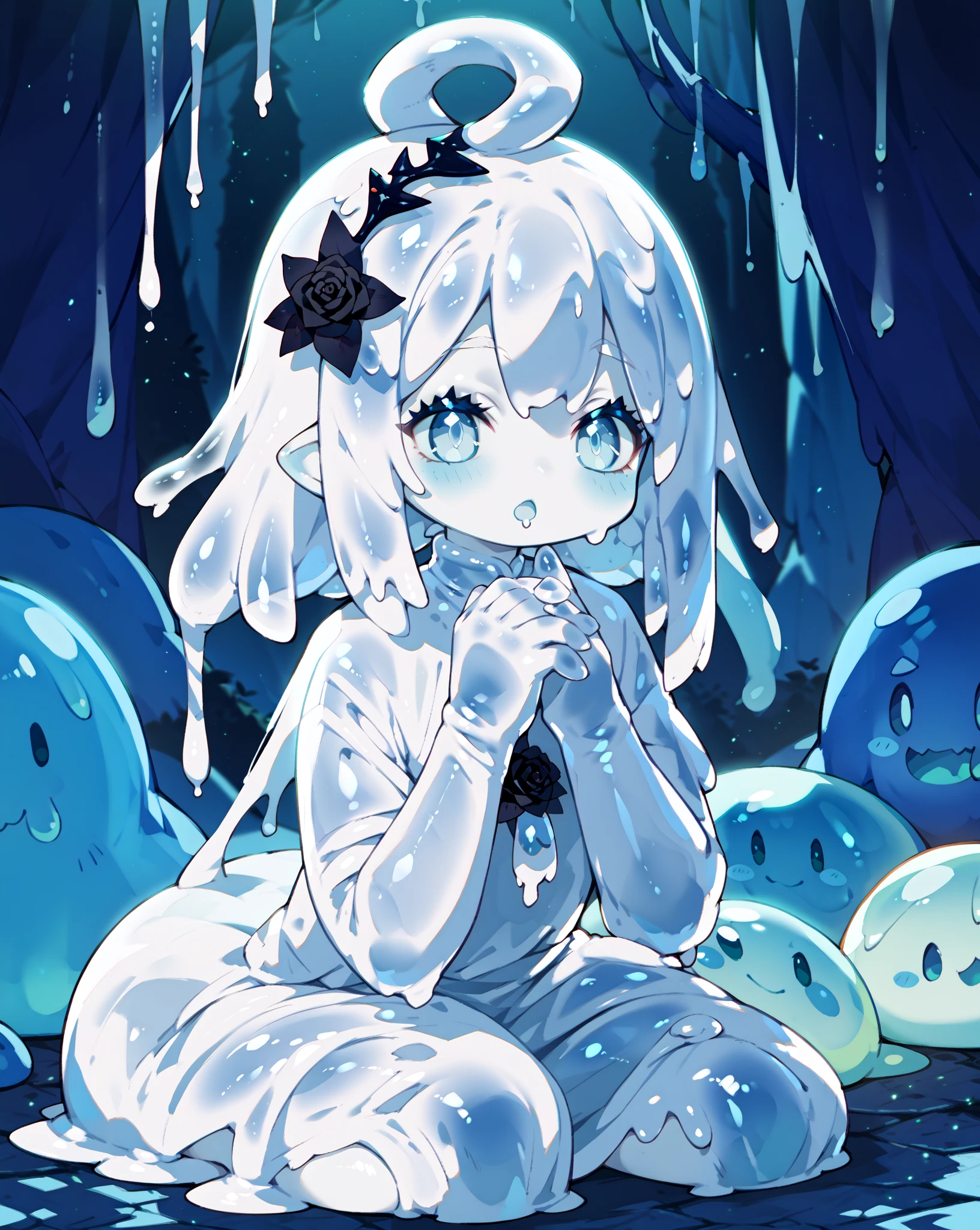 Cute girl , sitting, picture only dark blue and white, vulva reveal, colorless skin color, white skin color, girl, dark blue, long straight hair, dark blue hair, hot, vulva reveal, full character, hot, cute eyes, big eyes, big black pupils, cute big pupils, vulva reveal, blue liquid came out vulva dripping, non clothed
