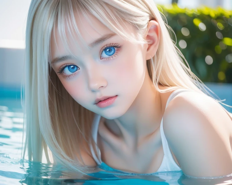 masterpiece,Highest quality,Very detailed,beautiful girl,Silver metallic bikini swimsuit,Blonde, teenager, fullbody,Perfect Face,Beautiful and detailed eyes,Green Eyes,Beautiful Skin,skinny,Small breasts,Dynamic,Active angle from underwater,In the colorful coral reef sea,Beautiful coral,A school of colorful fish