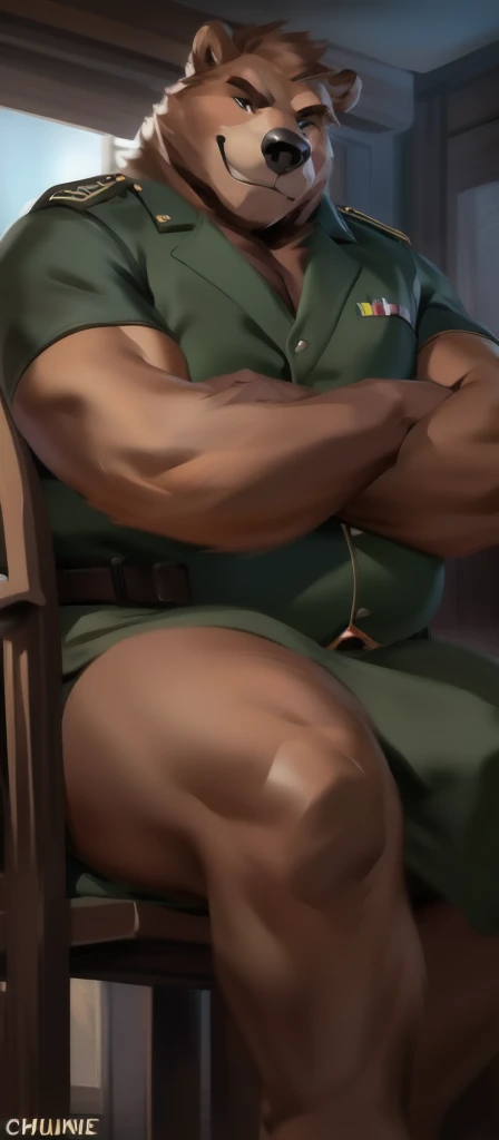 best quality,masterpiece,1boy, men,A handsome,mature man. Looking at viewer, model shot. Brutalmass, giant, muscular physique, bulk. His features are well-proportioned and symmetrical,giving him a classic and handsome appearance. He is dressed in a custom-fitted army uniform, consisting of a custom-fitted green speedo, combat boots, and a military cap. Overall,the man exudes charisma,charm,and an air of sophistication and refinement.,Gothic,skyscraper,wood,