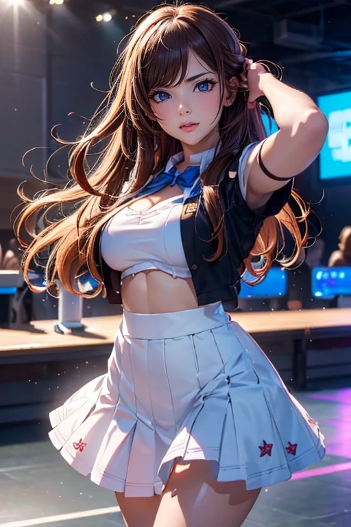 very cute and beautiful girl,(highly detailed beautiful face),(smile:1.2),happy, black hair,looking at viewer,dancing,(looking back,from behind,from below), plaid navyblue idol costume like AKB48, akiba idol,detailed frills, live stage,concert hall,spot light, (best quality,masterpiece),absurdres,highres,ultra-detailed,extremely detailed,32k,8k resolution, intricate details,cinematic scene,detailed background,solo,dynamic angle,