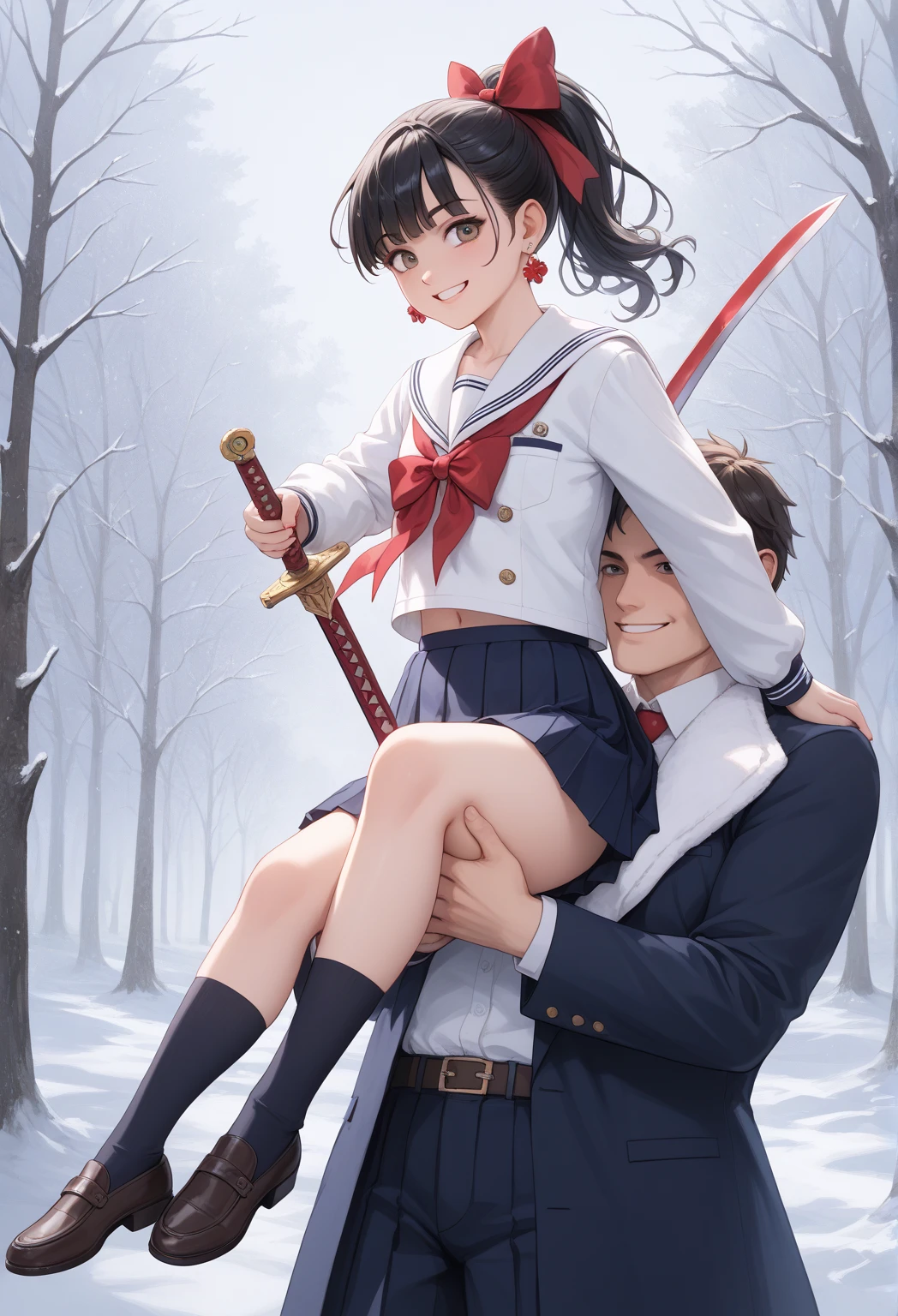 masterpiece, best quality, absurdres, 1girl, medium breasts, santa hat, santa dress, cape, jingle bells, belt, red skirt, boots, (1boy), sex, (hetero:1.3), (looking at another), straddling, (girl on top, upright straddle), pussy juice, from side, <lora:upright_straddle_squatting_6:0.72>, (blush:1.5), (sweat), steam, outdoors, snow, snowy, grin, smile, teeth