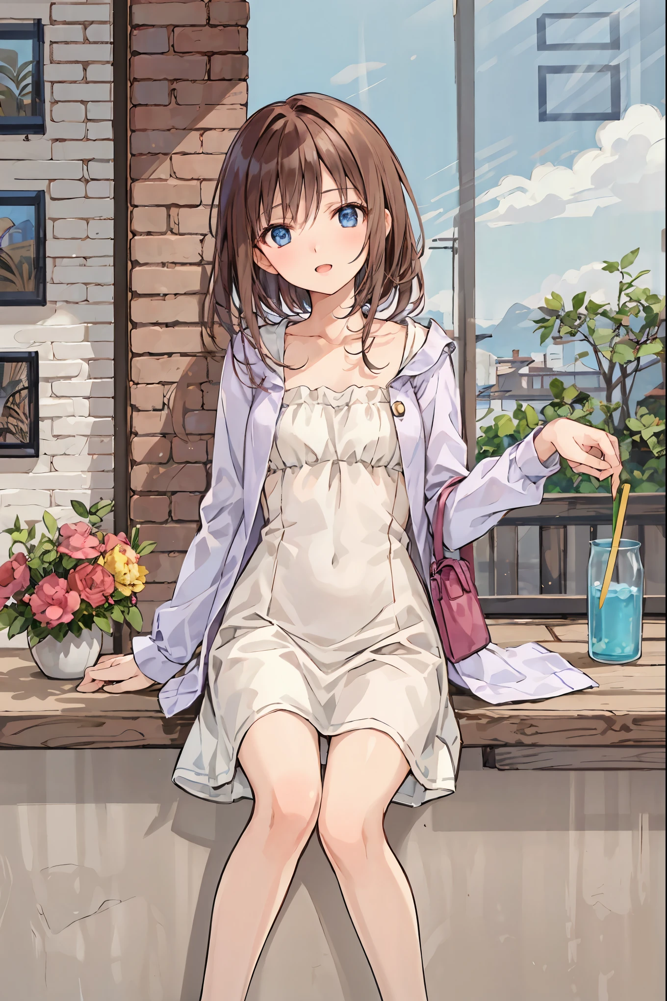 beautiful illustrations, top quality, cute girl, Cafe, Sitting, perfection, cake, (Inner Voice), happy, open your mouth , close your eyes, casual clothes, clavicle, Hair, shortcuts, unkempt hair,Short braided hair,Neat, slender beautiful woman, correct posture,Small chest, beautiful legs, has enchanting gray-blue eyes that shine like stars, droopy eyes , vibrant colors, beautiful eyes,A delicate smile,Textured Skin, Best Quality at its Best , gentle and beautiful woman , anime style、