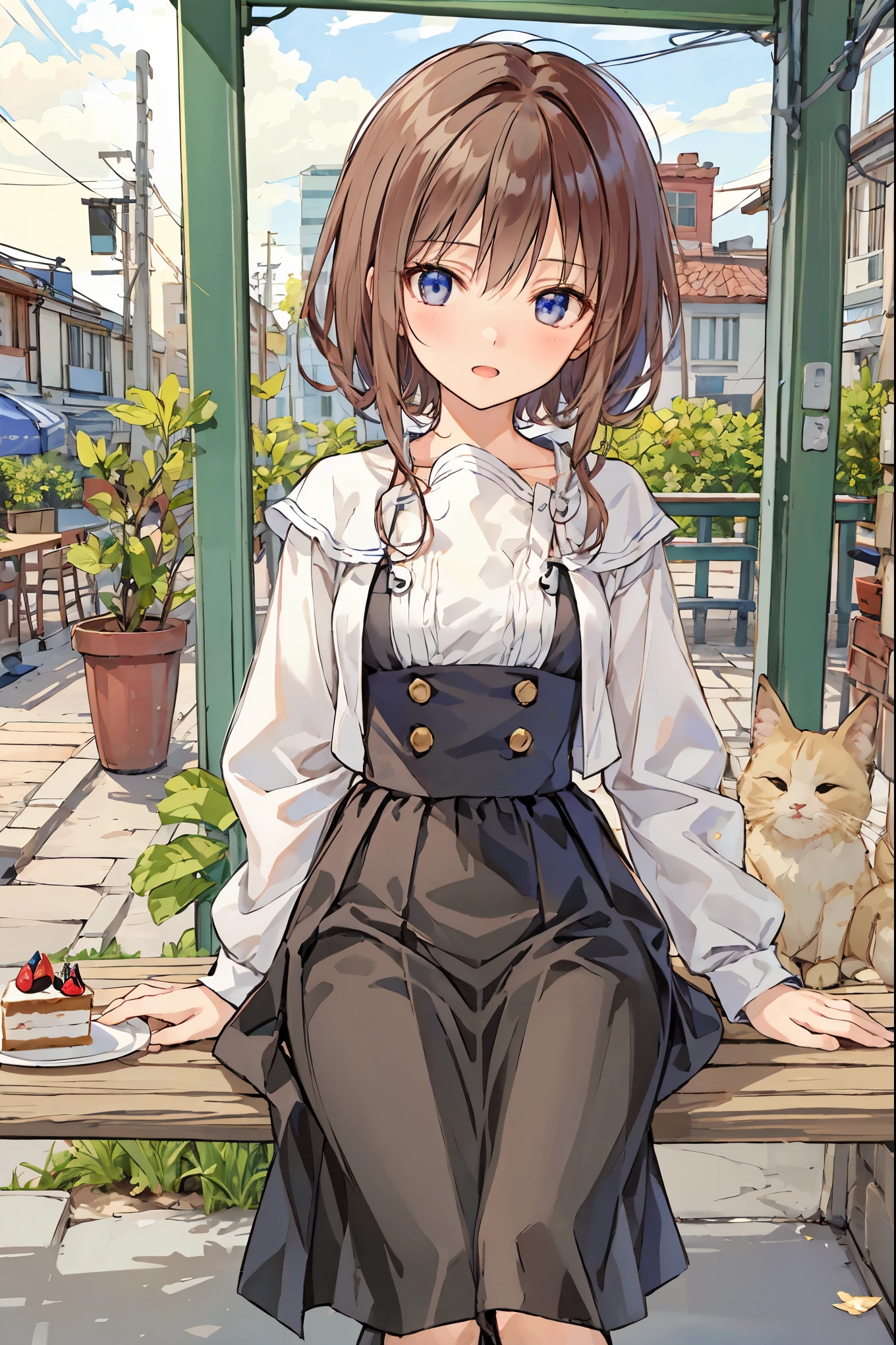 beautiful illustrations, top quality, cute girl, Cafe, Sitting, perfection, cake, (Inner Voice), happy, open your mouth , close your eyes, casual clothes, clavicle, Hair, shortcuts, unkempt hair,Short braided hair,Neat, slender beautiful woman, correct posture,Small chest, beautiful legs, has enchanting gray-blue eyes that shine like stars, droopy eyes , vibrant colors, beautiful eyes,A delicate smile,Textured Skin, Best Quality at its Best , gentle and beautiful woman , anime style、