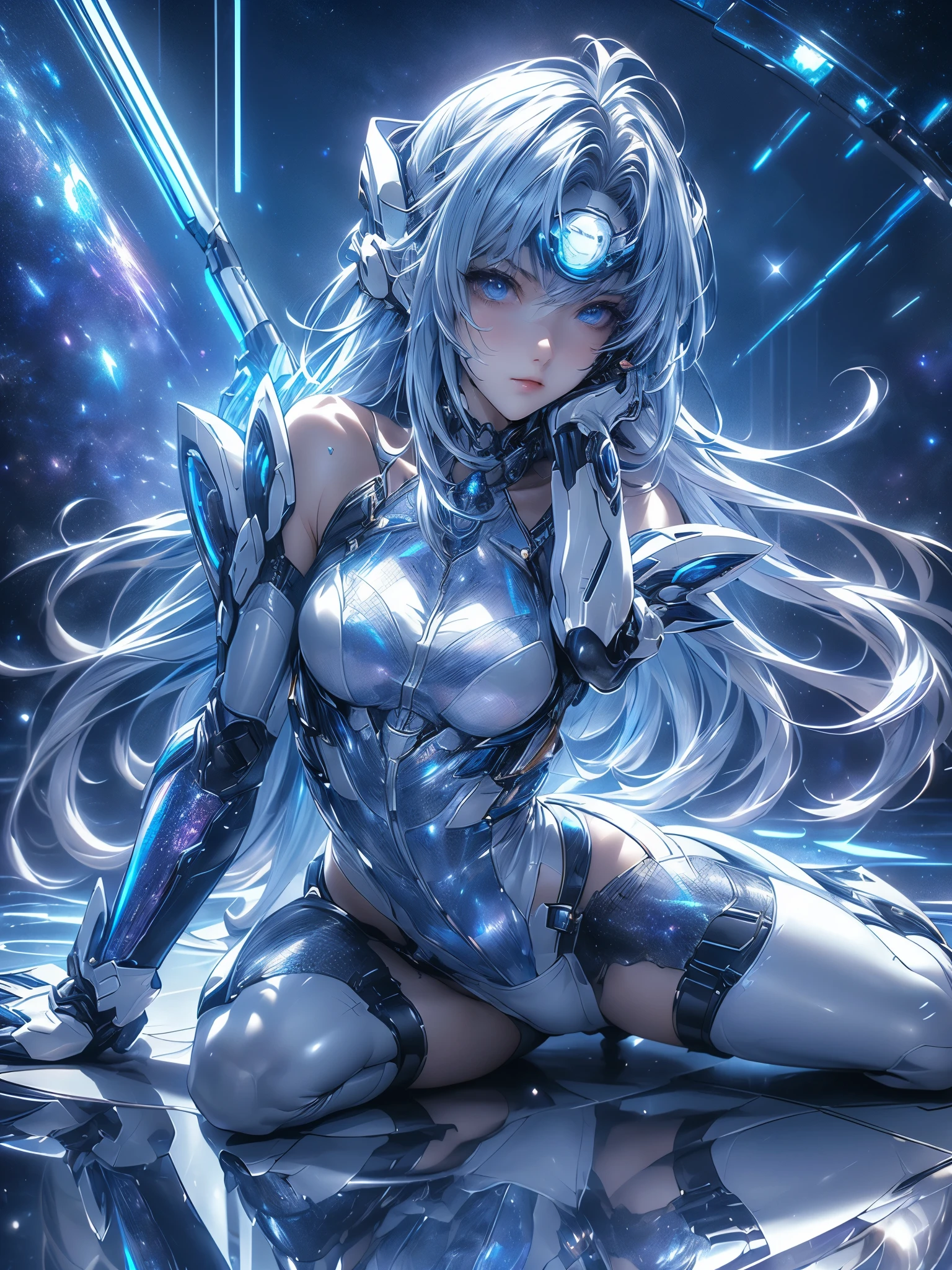KOS-MOS has a futuristic assault rifle, action shot ,(( holographic glossy effect)), score_9, score_8_Excellent, score_7_Excellent, 32K ,Detailed Depiction 、(( highly detailed CG integration ), CGSoation Trends、, ( action pose), highly detailed faces 、Bluish purple hair、 Straight Hair, SHINY AND CLEAN HAIR 、 White Shiny Skin 、 sexy cyberpunk girl 、 fiberglass 、Light emitting tube、(( Dark blue eyes :1.4, Clear Eyes, A board with detailed eyes , beautiful eyelashes ))、Neon Details、 Mechanical Hands 、 vascular tube 、mechanical neck worn around the neck 、 head connecting wires and cables 、white latex hi-leg leotard(( Valkyrie ))、, high heels,(( Dramatic Graphic Backdrop :(( Mirrored Floor ))、blue moon object 、light vortex、Starry Sky ,) ),(( top quality)),( ultra high resolution),( super detailed)