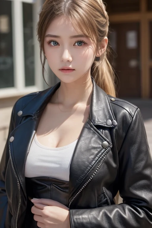 1girl, solo, face, portrait, long hair, pony tail, blonde hair, green eyes, large breasts, (black leather jacket:1.2) , cleavage,  school, blushing, looking at the viewer, 