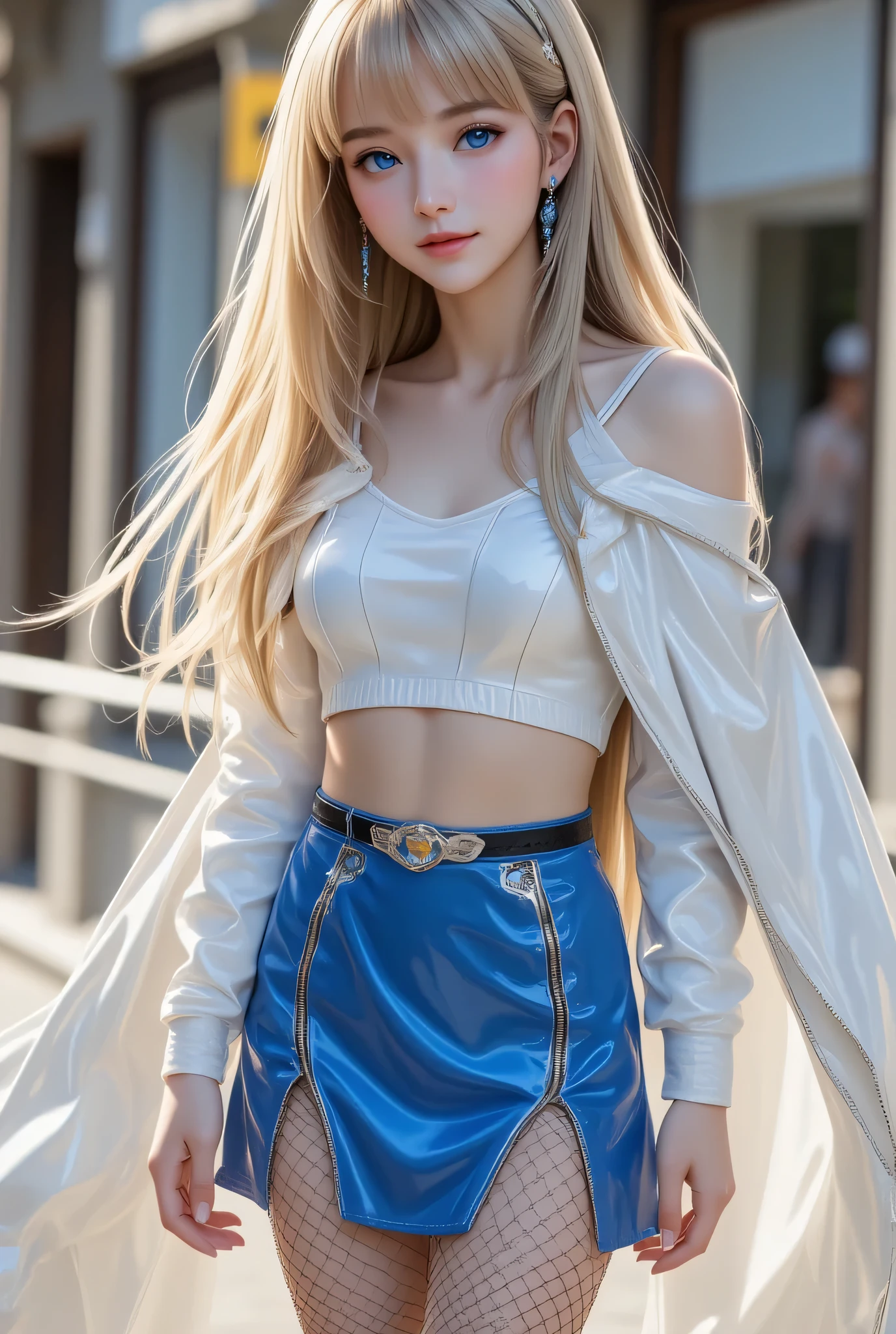 (super cute young face:1),
very beautiful cute french girl,
(thirteen years old:1.4),
(clear blue eyes:1),
exquisite smooth and silky long blonde straight hair,
(happy cheerful smile),
professional photograph ,
(lower body Super Shiny metallic cobalt blue tight mini skirt:1.2), (upper body Super shiny white fashionable winter outerwear:1.2) narrow waist,in the street,(costume with very smooth and mirror-like strong reflective surfaces:1.1),(large fishnets pantyhorse)
(very thin makeup),
(full body shot:1.3)