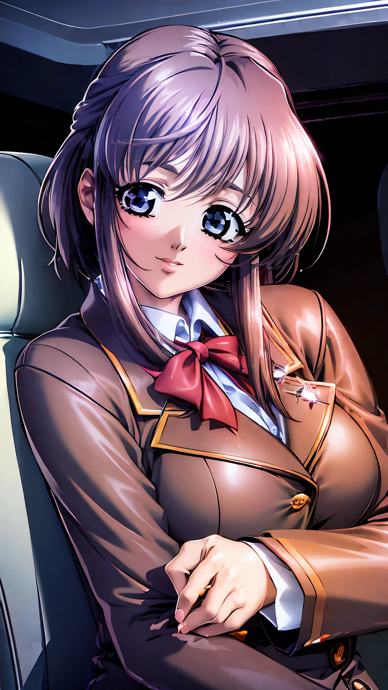 ((( in the seat))), ((Tilt to the side)), ((from below)), ( top quality), ( Masterpiece), (( portrait)), shiny skin , smile, school uniform, blazer , medium boobs