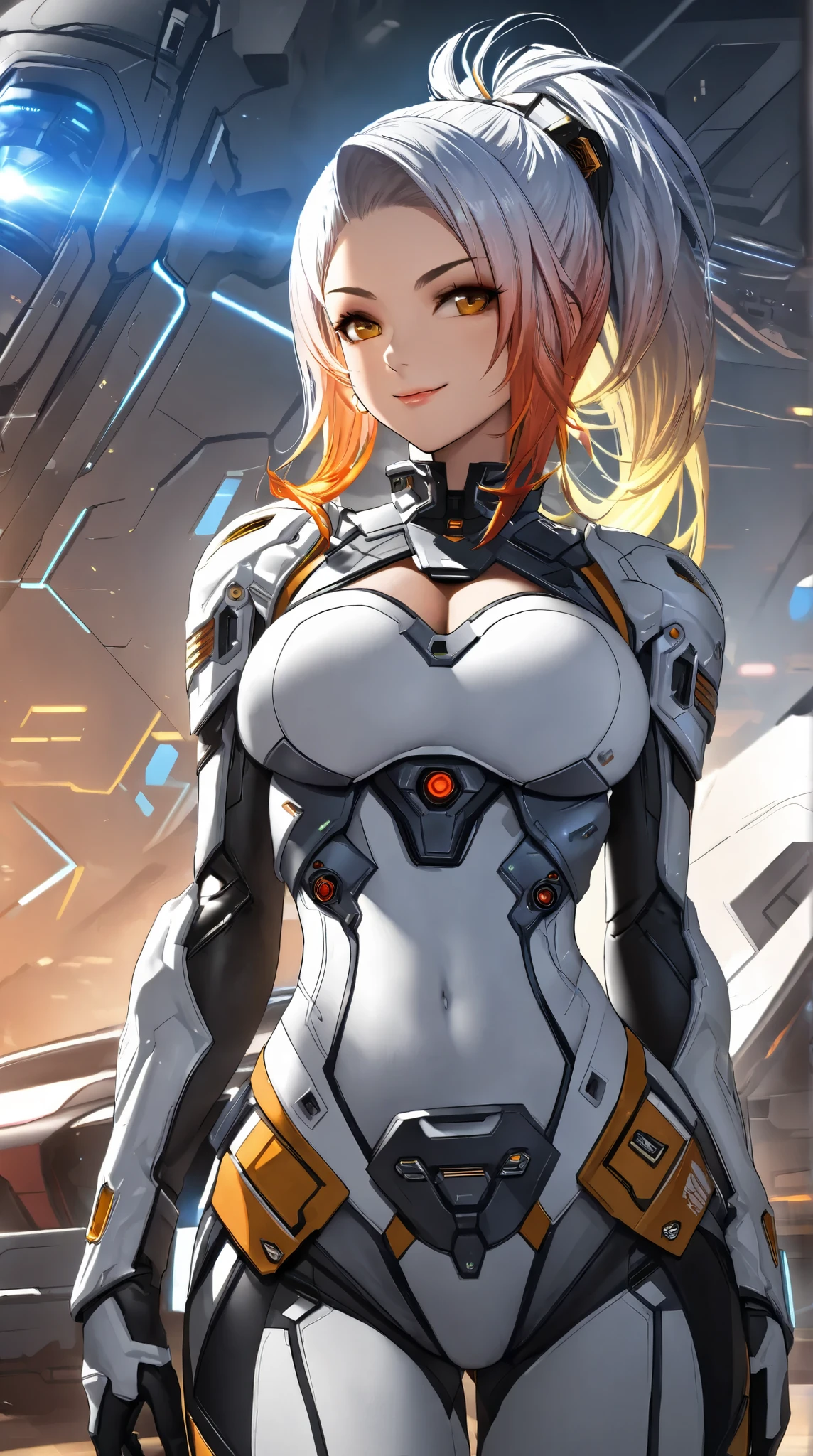 (( top quality)),( ultra high resolution),( very detailed),( Detailed Explanation ),(( best CG )),( BEST ARTWORK ), Ultra-precise art, Amazing Painting Art,(Exquisite sci-fi art:1.5), woman, beautiful and well-groomed face shooting, Brutal smile, edgy makeup, Sharp Eyes, The uniform of the future of the sci-fi world, deep cleavage at the tip of the nipple, Big Breasts, colorful gradient hair, Hall々Standing with a straight face, Cinematic , dynamic angle