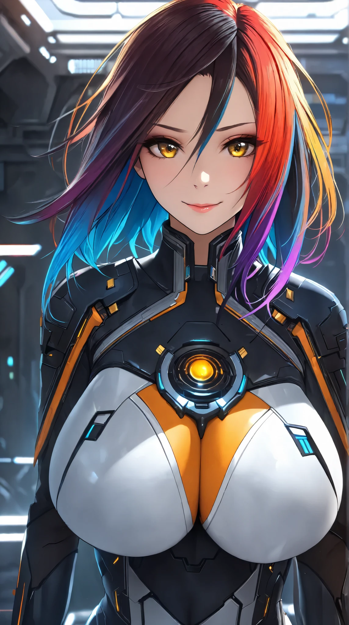 (( top quality)),(  ultra high resolution),(  very detailed),(  Detailed Explanation ),((  best CG  )),(  BEST ARTWORK  ), Ultra-precise art,  Amazing Painting Art,(Exquisite sci-fi art:1.5), woman,  beautiful and well-groomed face shooting, Brutal smile,  edgy makeup, Sharp Eyes, The uniform of the future of the sci-fi world,  deep cleavage at the tip of the nipple, Big Breasts,  colorful gradient hair,  Hall々Standing with a straight face,  Cinematic ,   dynamic angle
