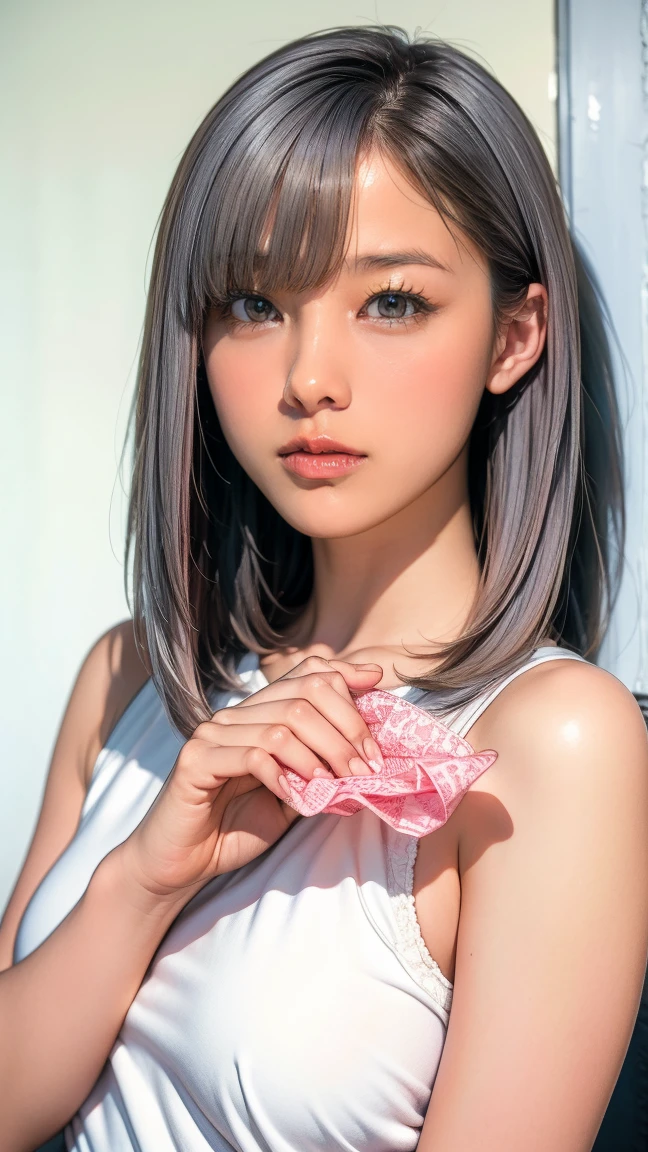 (8k, Photorealistic, Raw photo, Highest quality: 1.4),Japanese idol-style beautiful girl,1 person,18-year-old,Hairstyle(Very Short Bob,silver),She has her hair tucked behind her ears,She wears small earrings in her ears,(pupil(big,Transparent grey :1.5)),Long eyelashes,Plump Cheeks,(lips(lipstick(Pink :1.3)Painting,lipstickの上からグロスを塗り艶やかでふっくらとしている)),Smiling,A short pendant is hanging around her neck,Thin and delicate shoulders,(Manicure(Black :1.5)on the nails of both hands),Thin waist,(barefoot),(Manicure(Black)on the nails of both feet.),(Summer knitwear(Off the shoulder :1.5(Sleeveless),Plain :1.7,White :1.7)Wearing it on bare skin),I can see her cleavage,(Pleated skirt(Plaid,Black :1.7)Wear),(On the grass under the tree in the park),(Sit in a hu sit :1.7),(Place your hands on your crotch),She is surrounded by the gentle sunlight filtering through the trees.,Angle from the front,whole body ports