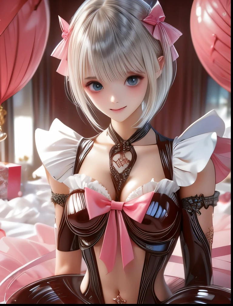 （（（ＳＦＷ、Accuracy、Highest quality、 A first-class masterpiece 、 Normal body 、32K、   detailed face 、 super precision 、   Normal Hands 、5 fingers、Highest、3d）））、" BLUEREFLECTION"、Hinako Shirai、 hinako、Silver-white hair、 bob cut、Heterochromia（Blue and Black）、 Odd Eye（Blue and Black）、Transformation Magical Girl、Reflector、 short、Big Breasts、 slender、 slim、Half naked、Muscle Exposure、Navel exposed、Wrapping Ribbon、ribbon underwear、Ribbon Bondage、Naked Ribbon、 Valentine's Day Chocolate、 presents are for me 、Stretch your arms out in front of you、 present box、 Chocolate Decorate Yourself、Body Decorations 、Whole-body chocolate、 bedroom、happy, ashamed, blushing, smiling、Woman on a plate、Lots of sweat that eats me 、Bound Gift in Box、My whole body is covered in chocolate、Offer yourself with chocolate on the bed